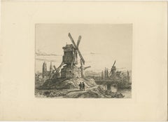 Antique Etching of Bruges Windmills and Canal Bridge – Ernest George, 1876
