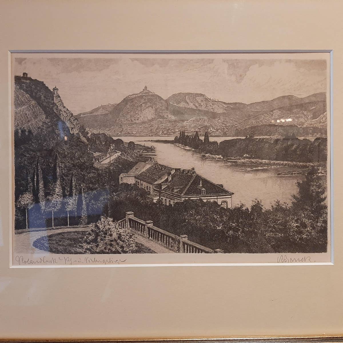 Antique Etching of Rolandseck and the Rhine River, circa 1920