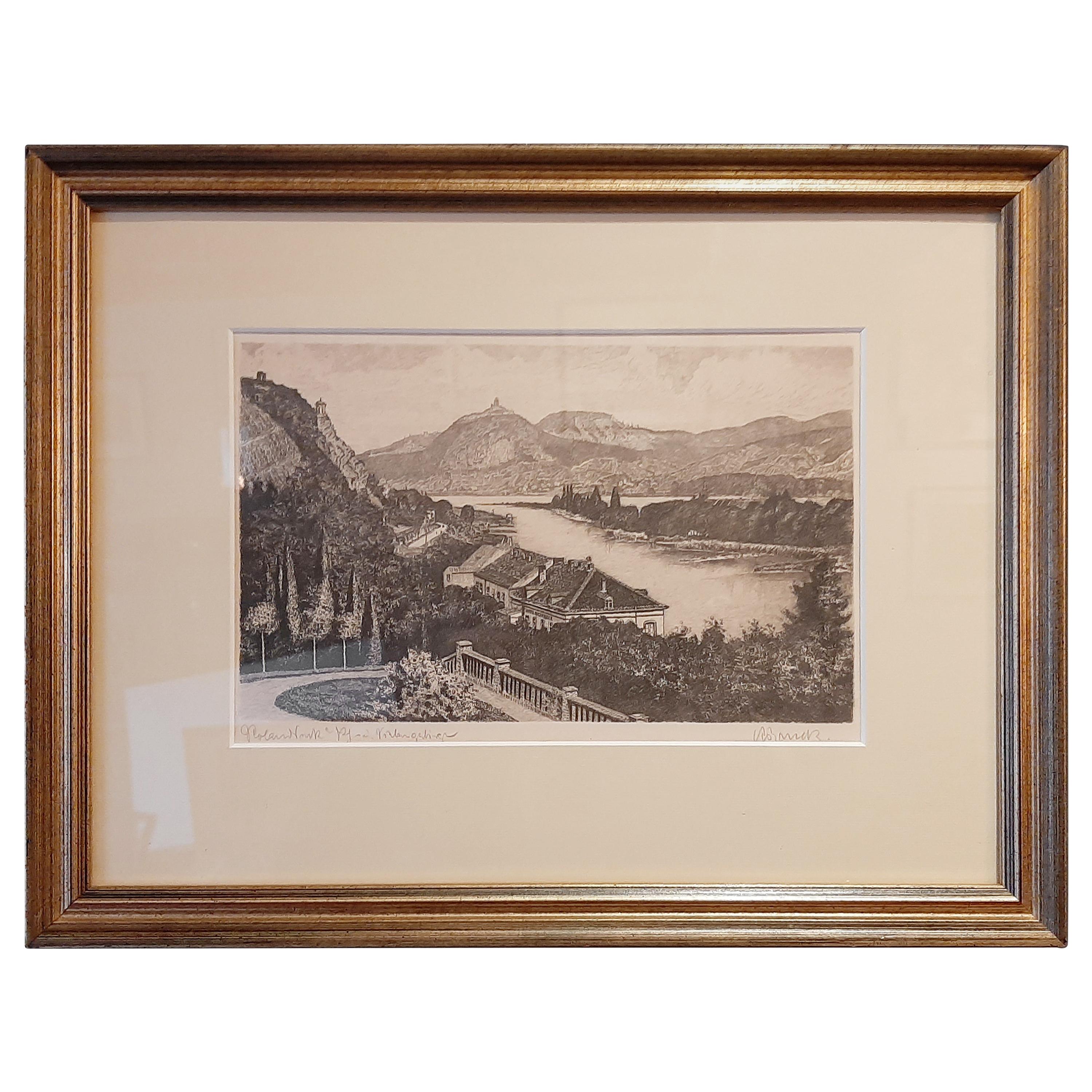 Antique Etching of Rolandseck and the Rhine River, circa 1920