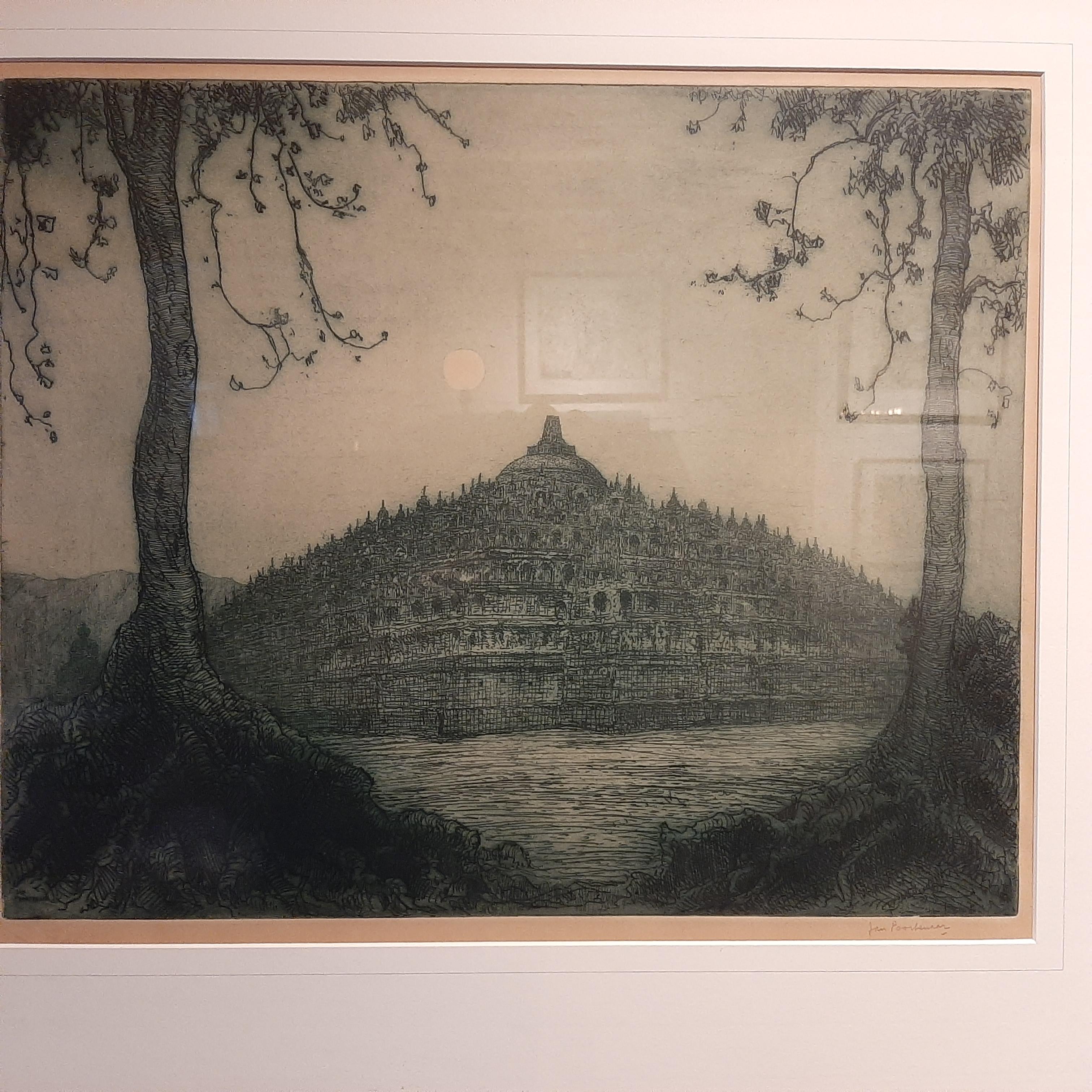 Antique Etching of the Full Moon at Borobudur Temple in Indonesia, circa 1920 In Good Condition For Sale In Langweer, NL