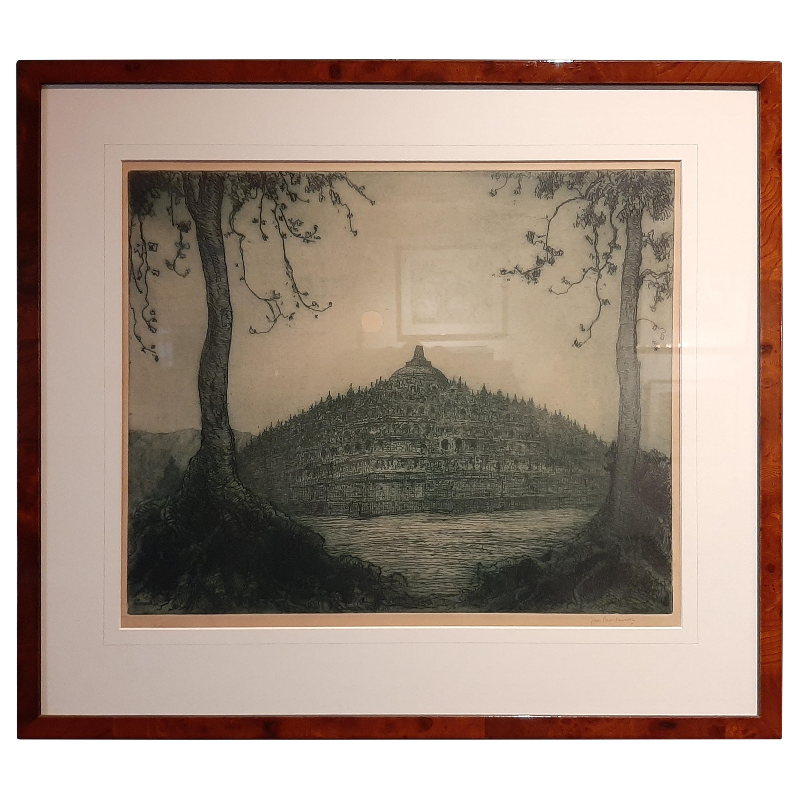 Antique Etching of the Full Moon at Borobudur Temple in Indonesia, circa 1920 For Sale
