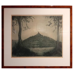 Antique Etching of the Full Moon at Borobudur by Poortenaar, circa 1920