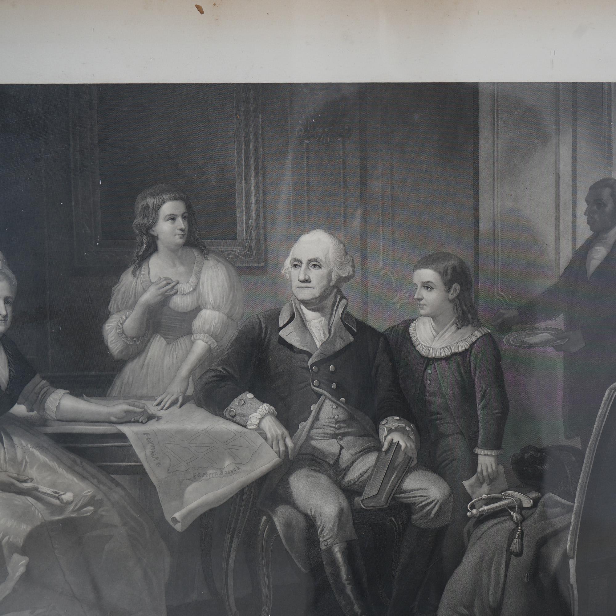  Antique Presidential Etching “Washington And His Family” Proof, Engraved by Wm. Sartain Philad., Proof Printed by Irwin & Sartain Philad., Framed, c1864

AFTER, Christian Schussele (American, 1824 - 1879)
MAKER, William Sartain (American, 1843 -