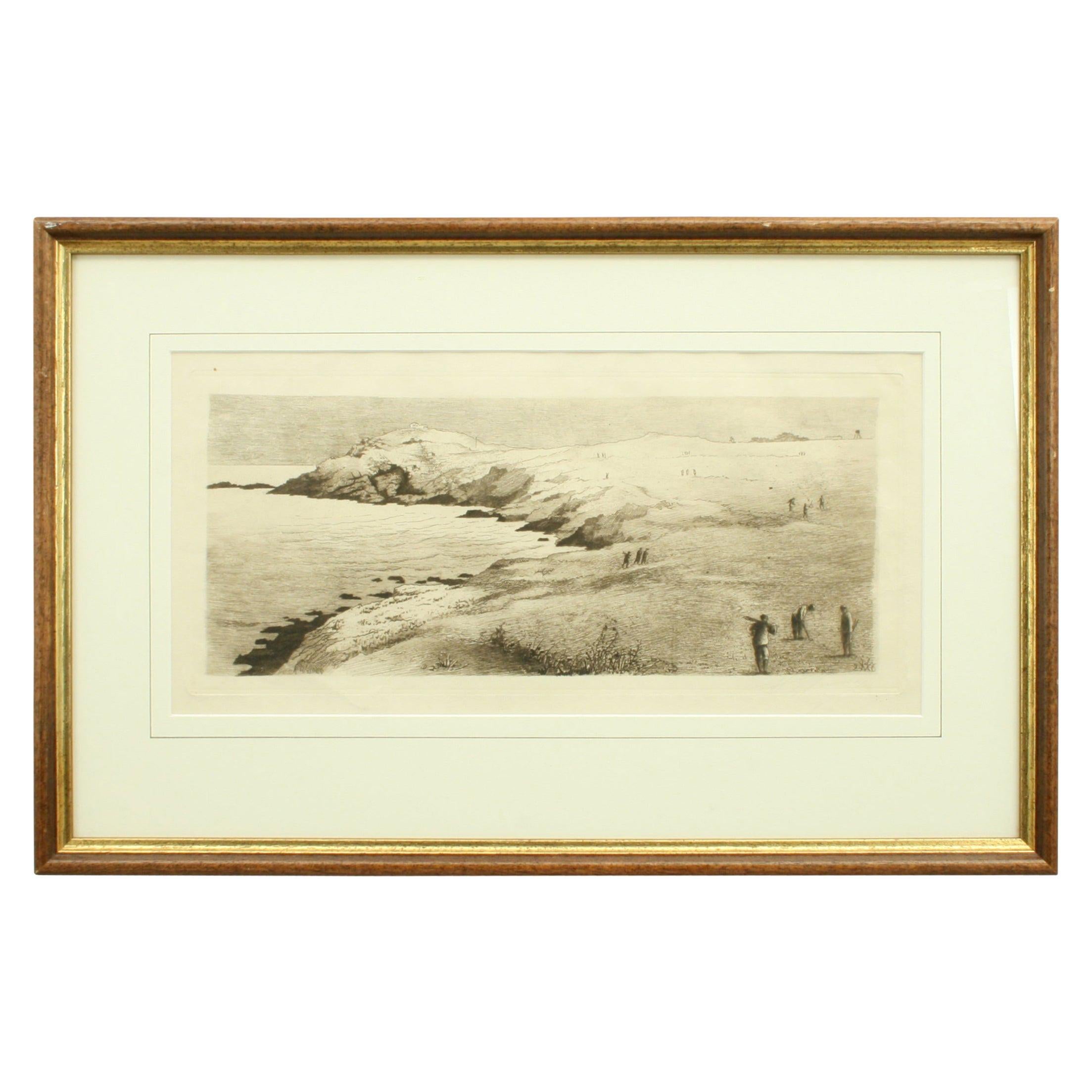 Antique Etching, Scottish Golf Course, Cliff-Top Golf Course