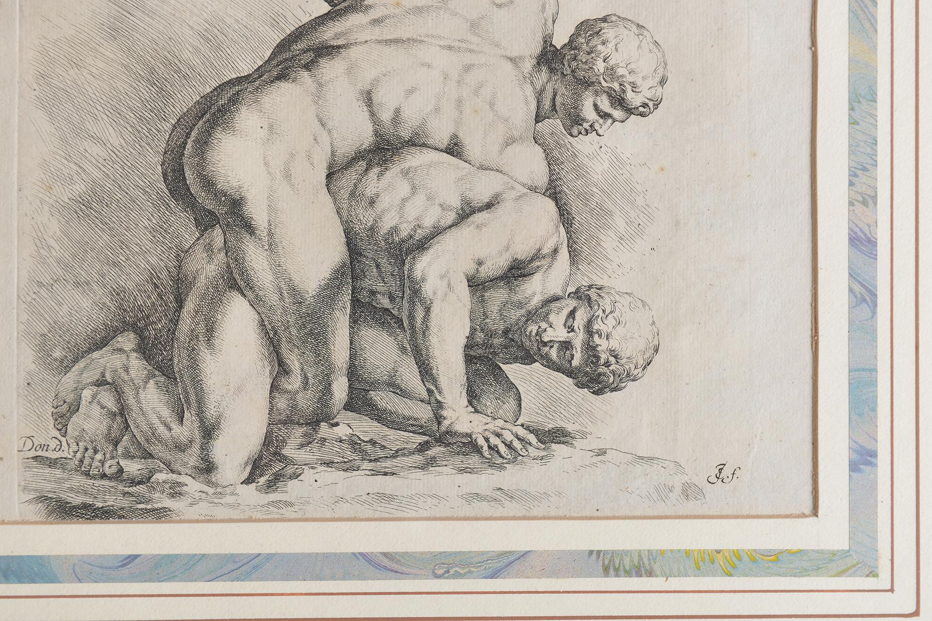 Dutch Antique Etching With Wrestlers For Sale