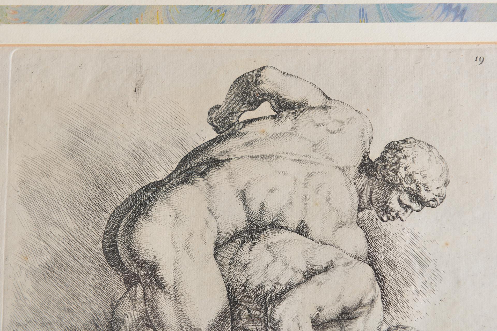 Antique Etching With Wrestlers In Excellent Condition For Sale In Alessandria, Piemonte
