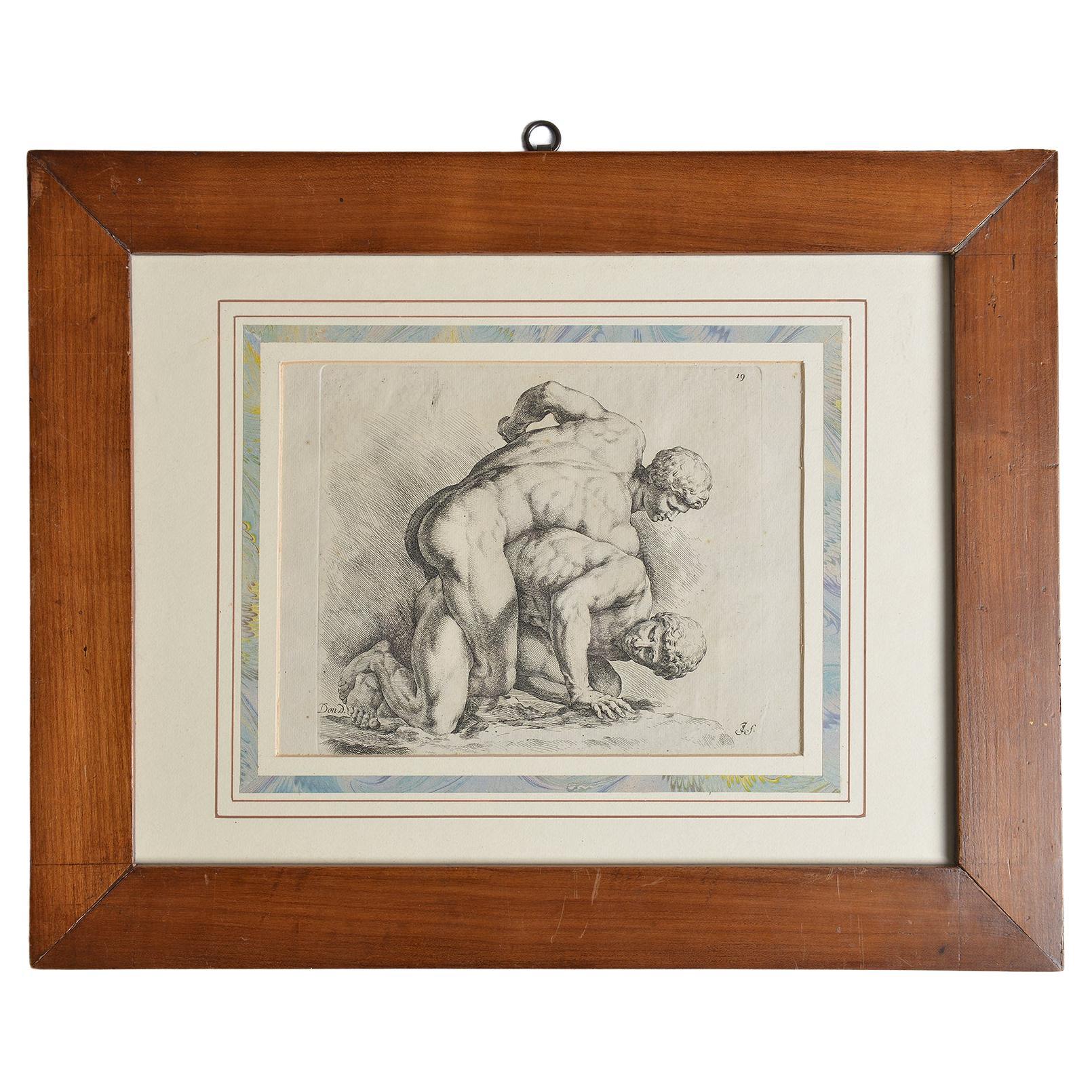 Antique Etching With Wrestlers For Sale