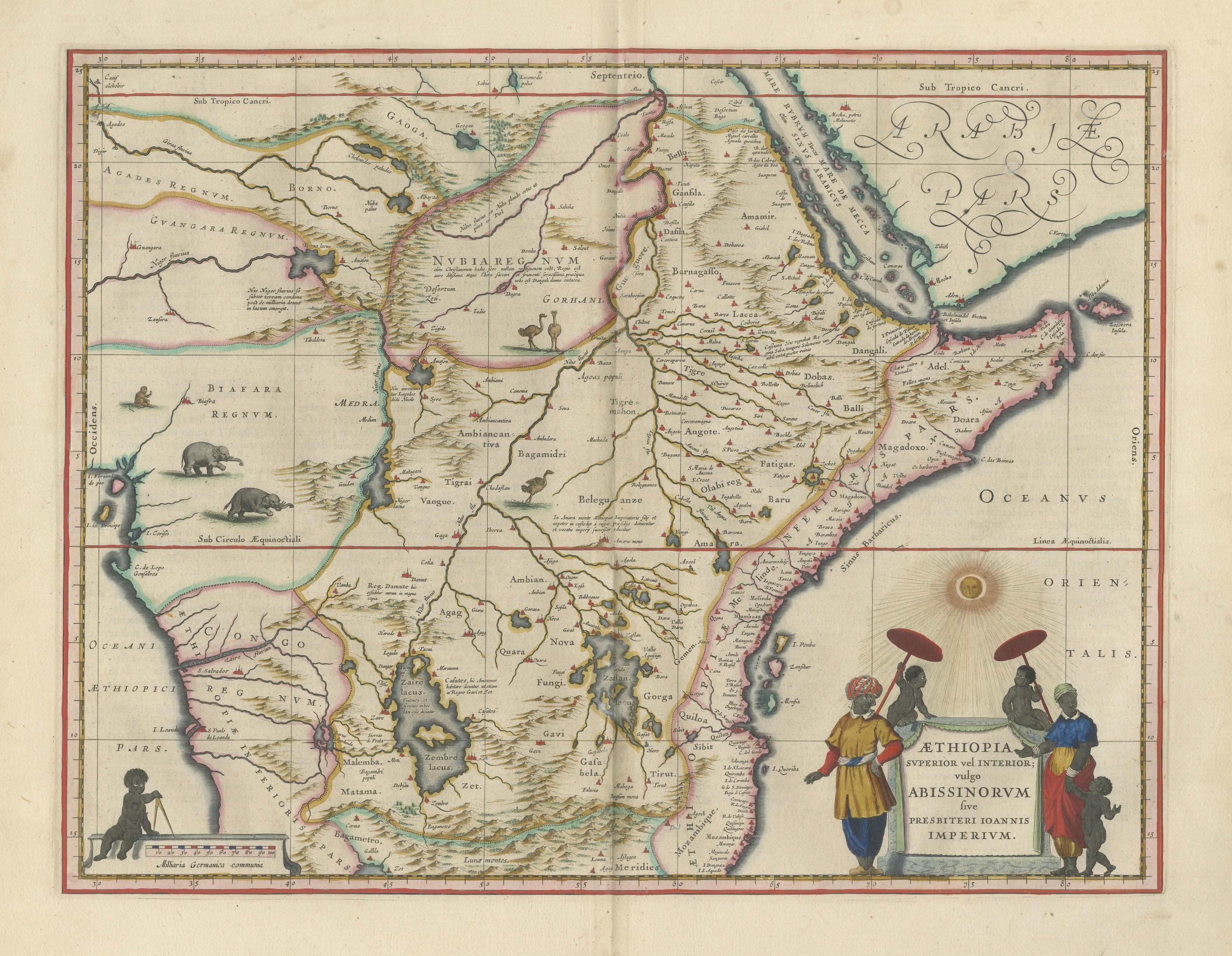 Antique Ethiopia Abyssinia Map Blaeu c.1642 – Nile, Figures, Cartouche