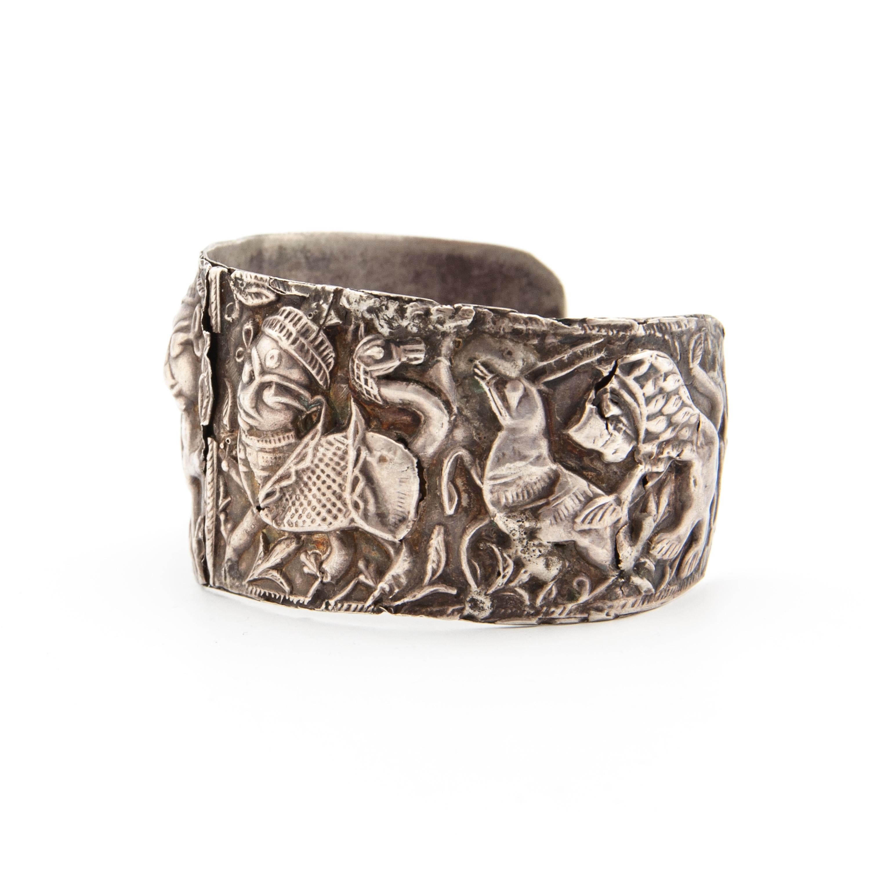 Women's or Men's Antique Ethnic Silver Cuff Bracelet with Warrior & Animal Motif For Sale