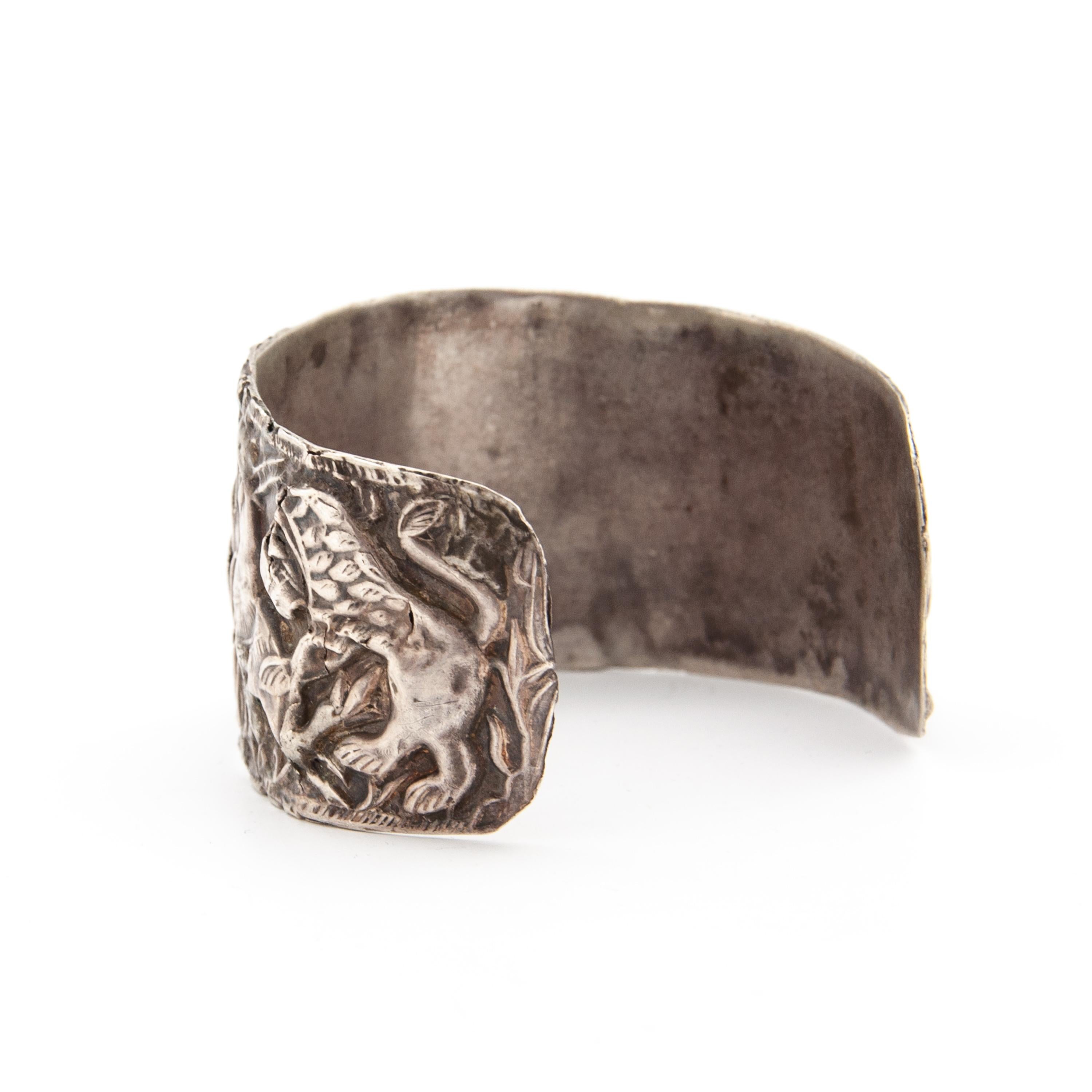 Antique Ethnic Silver Cuff Bracelet with Warrior & Animal Motif For Sale 1