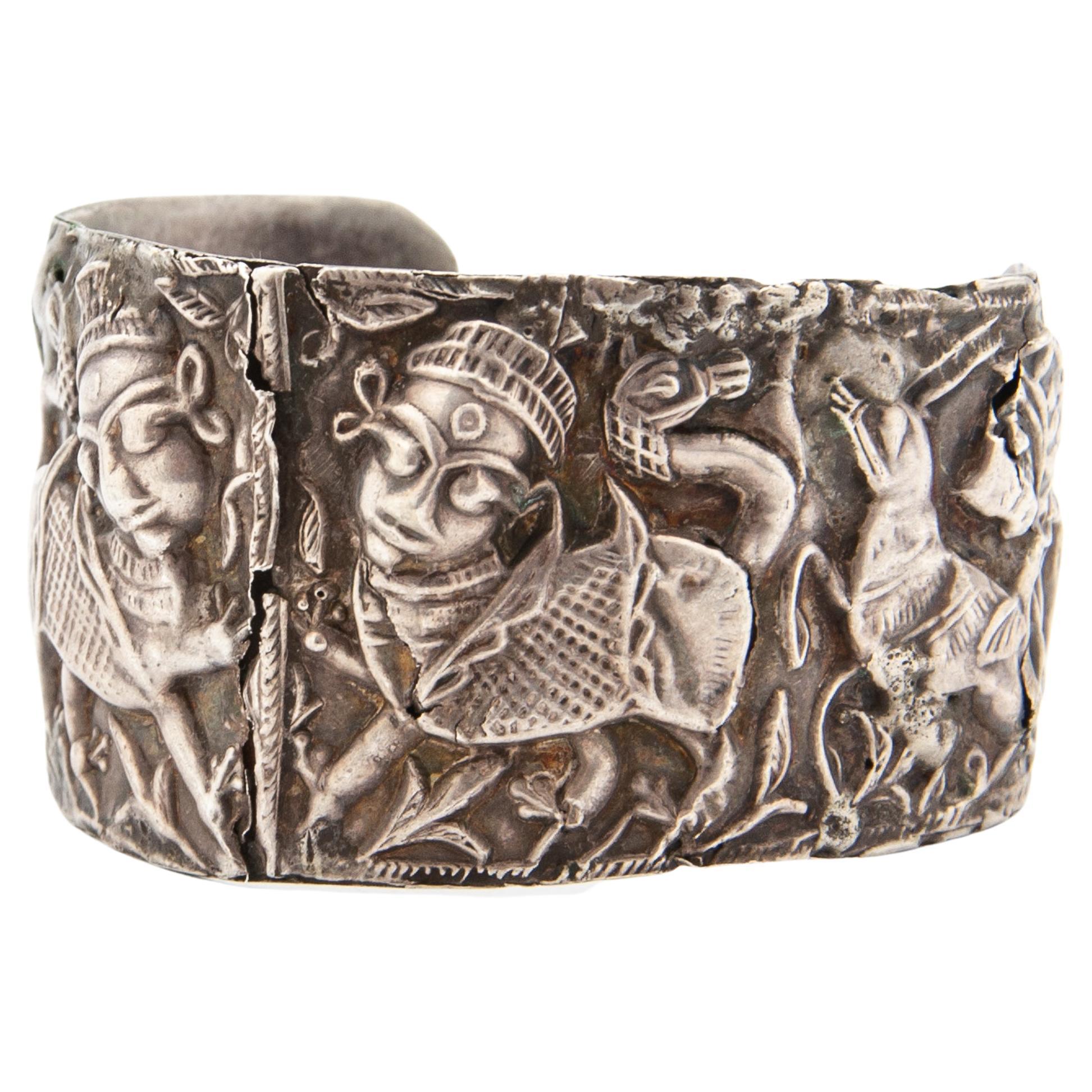 Antique Ethnic Silver Cuff Bracelet with Warrior & Animal Motif