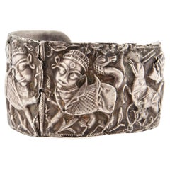 Antique Ethnic Silver Cuff Bracelet with Warrior & Animal Motif