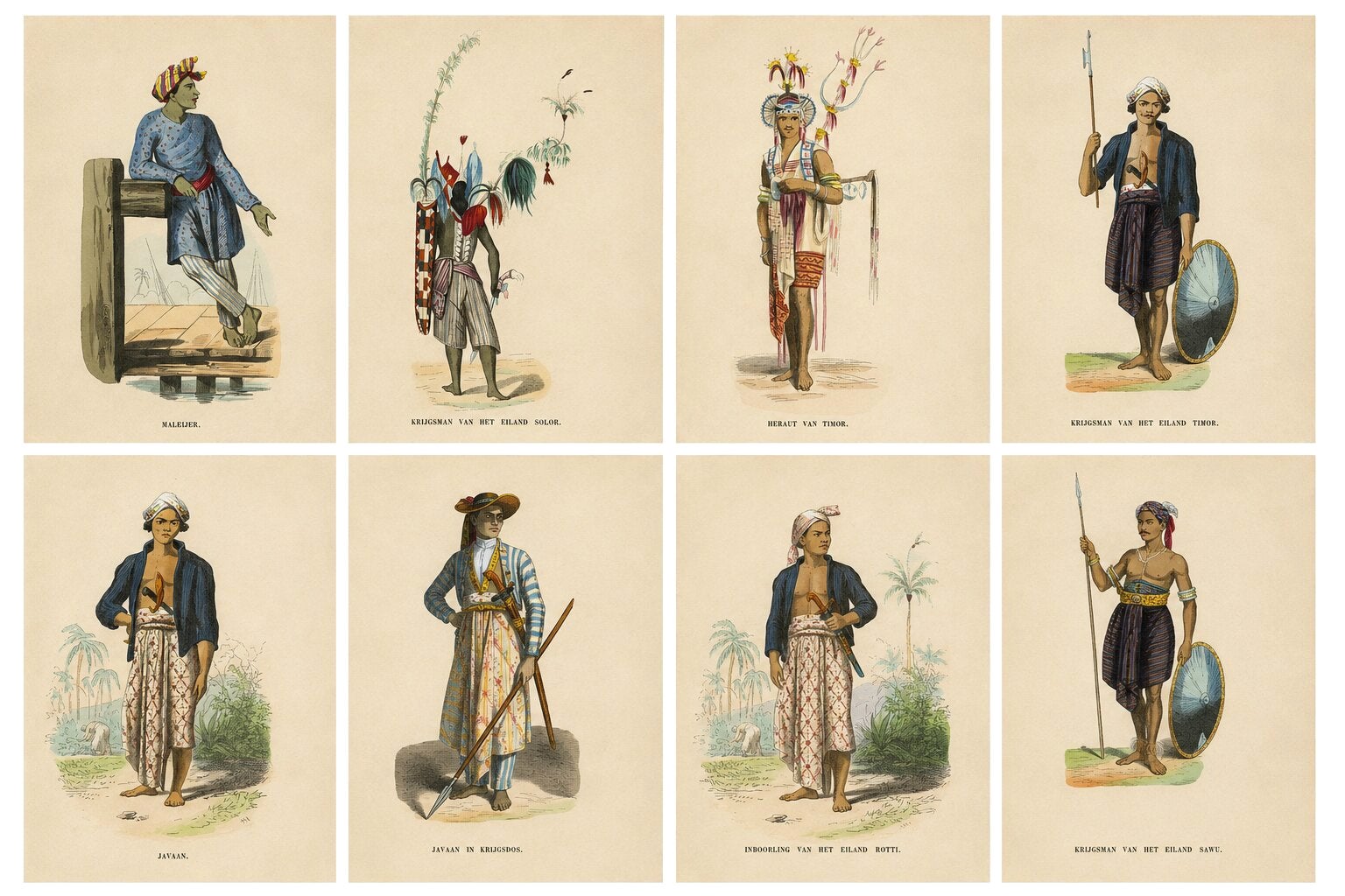 Antique Ethnographic Prints of Indonesia & Timor Islands, Set of 8, 1852
