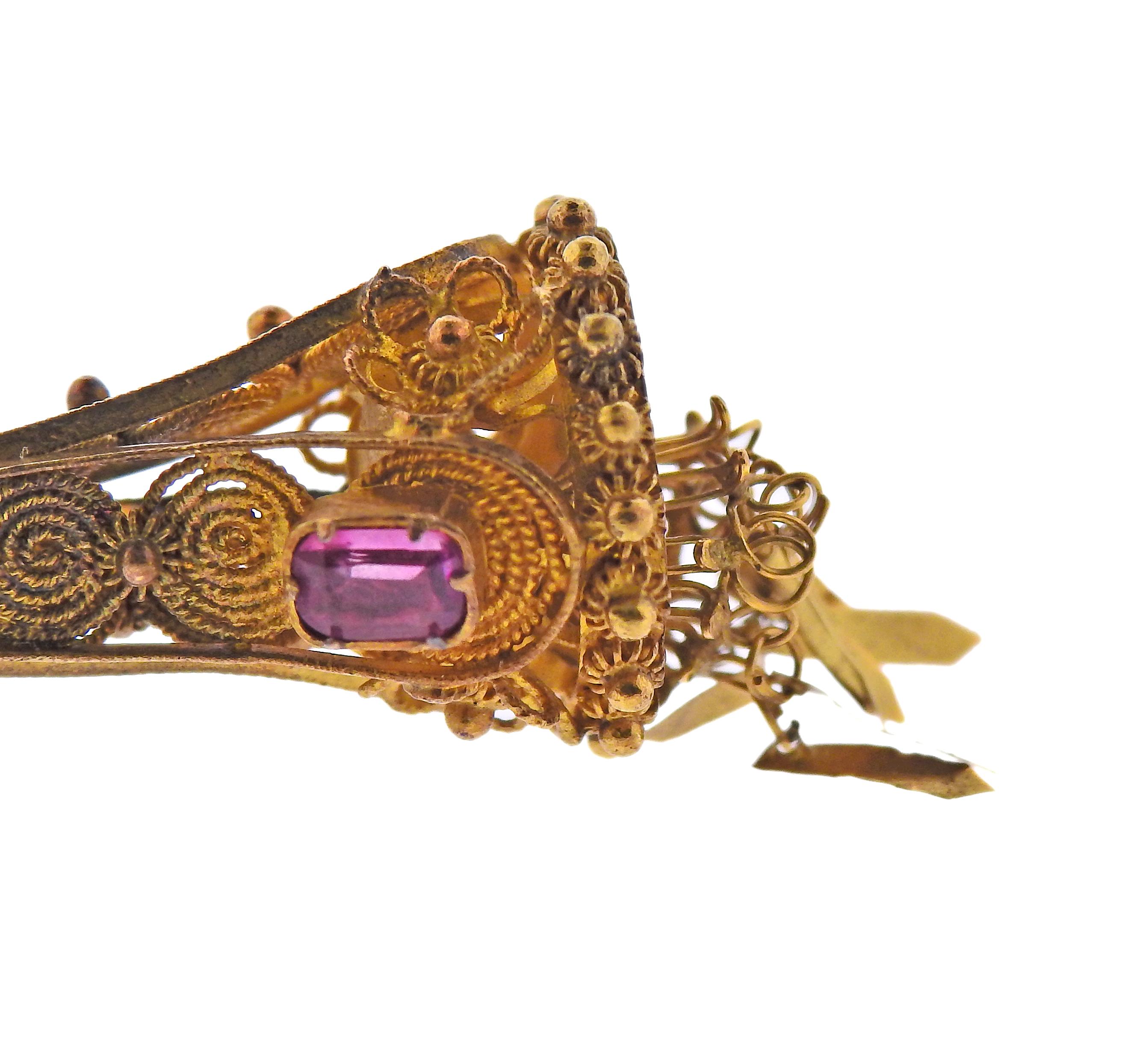Etruscan Revival Antique Etruscan Emerald Ruby Gold Drop Earrings