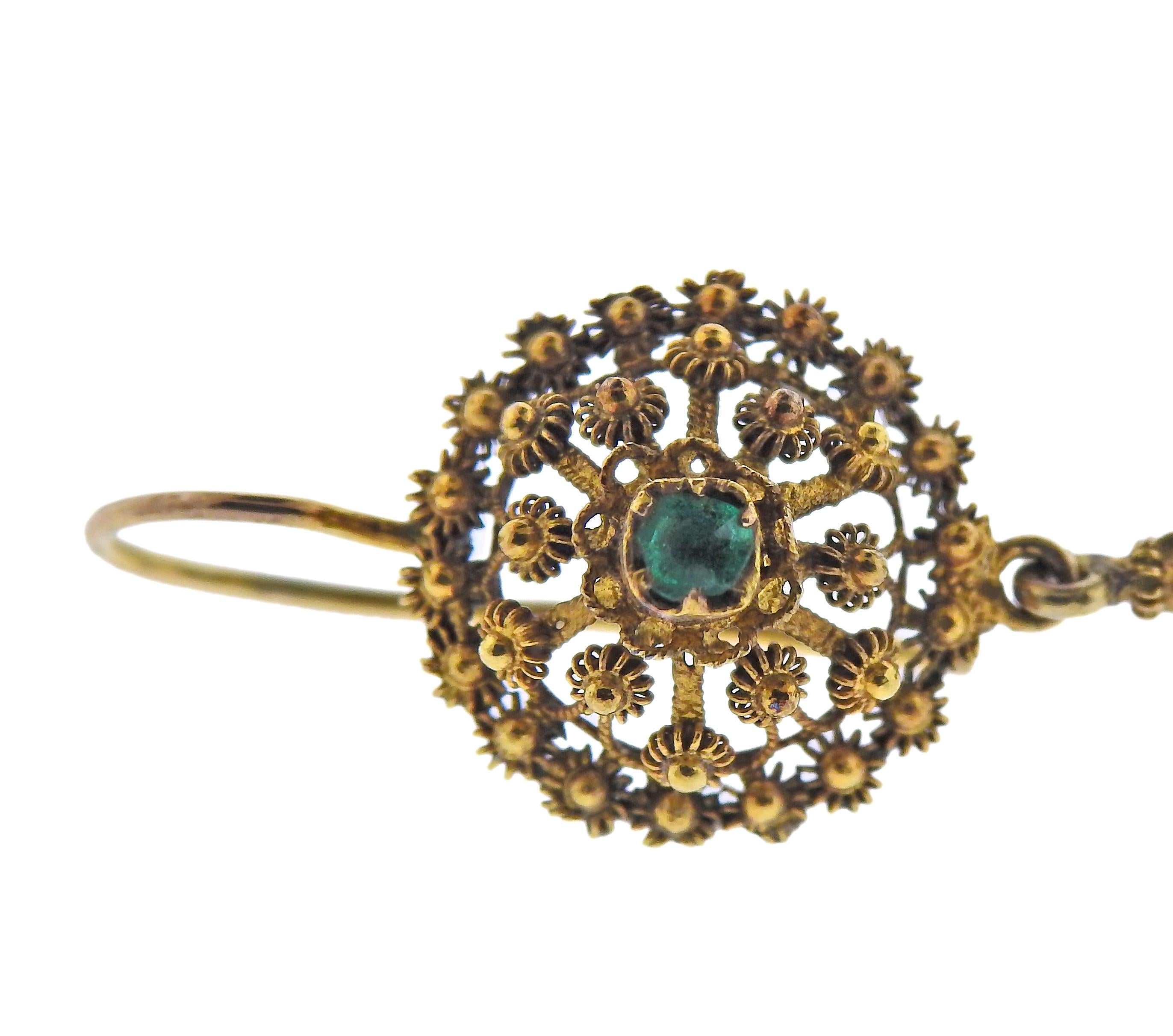 Square Cut Antique Etruscan Emerald Ruby Gold Drop Earrings