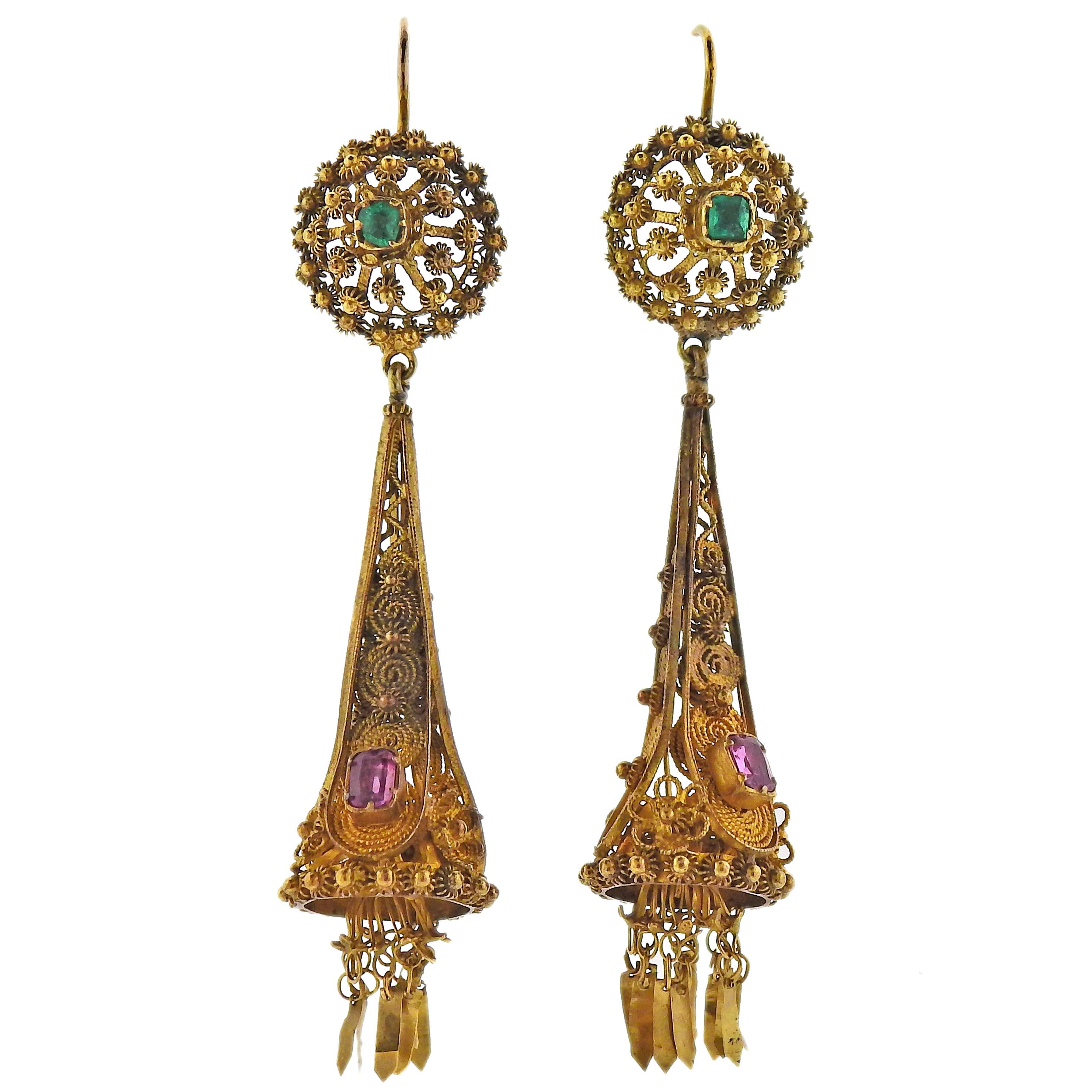 Antique Etruscan Emerald Ruby Gold Drop Earrings