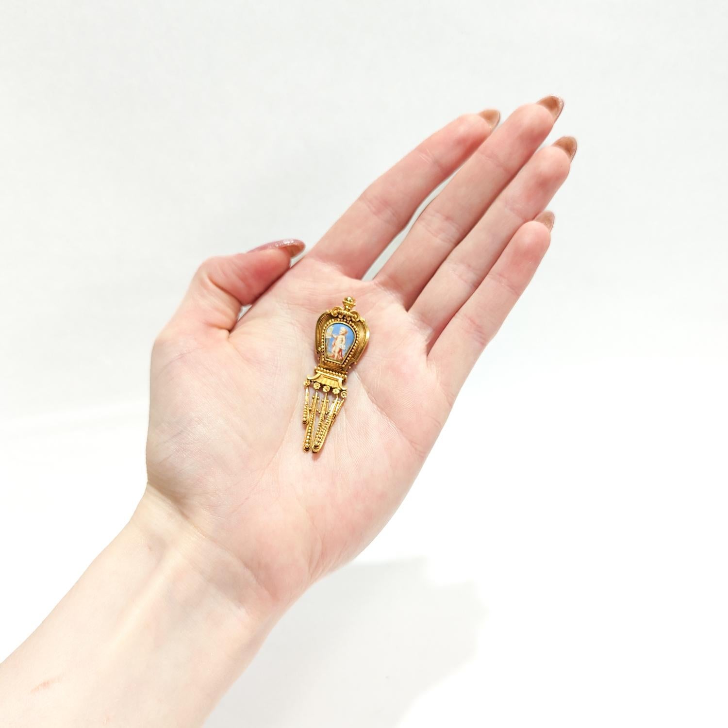 Etruscan Revival Antique Etruscan High Karat Gold & Porcelain Plaque Brooch after Fontenay For Sale