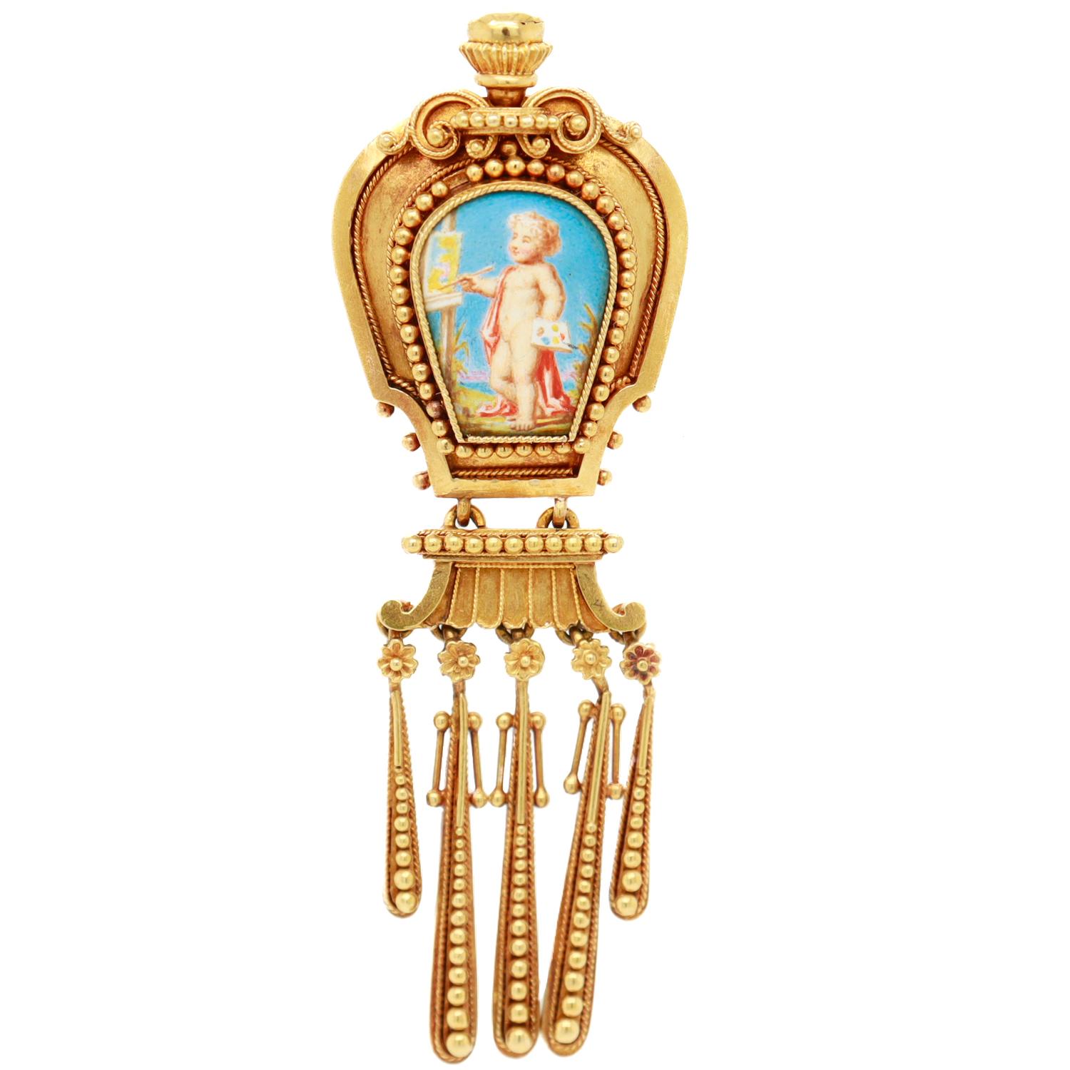 Antique Etruscan High Karat Gold & Porcelain Plaque Brooch after Fontenay In Good Condition For Sale In Philadelphia, PA