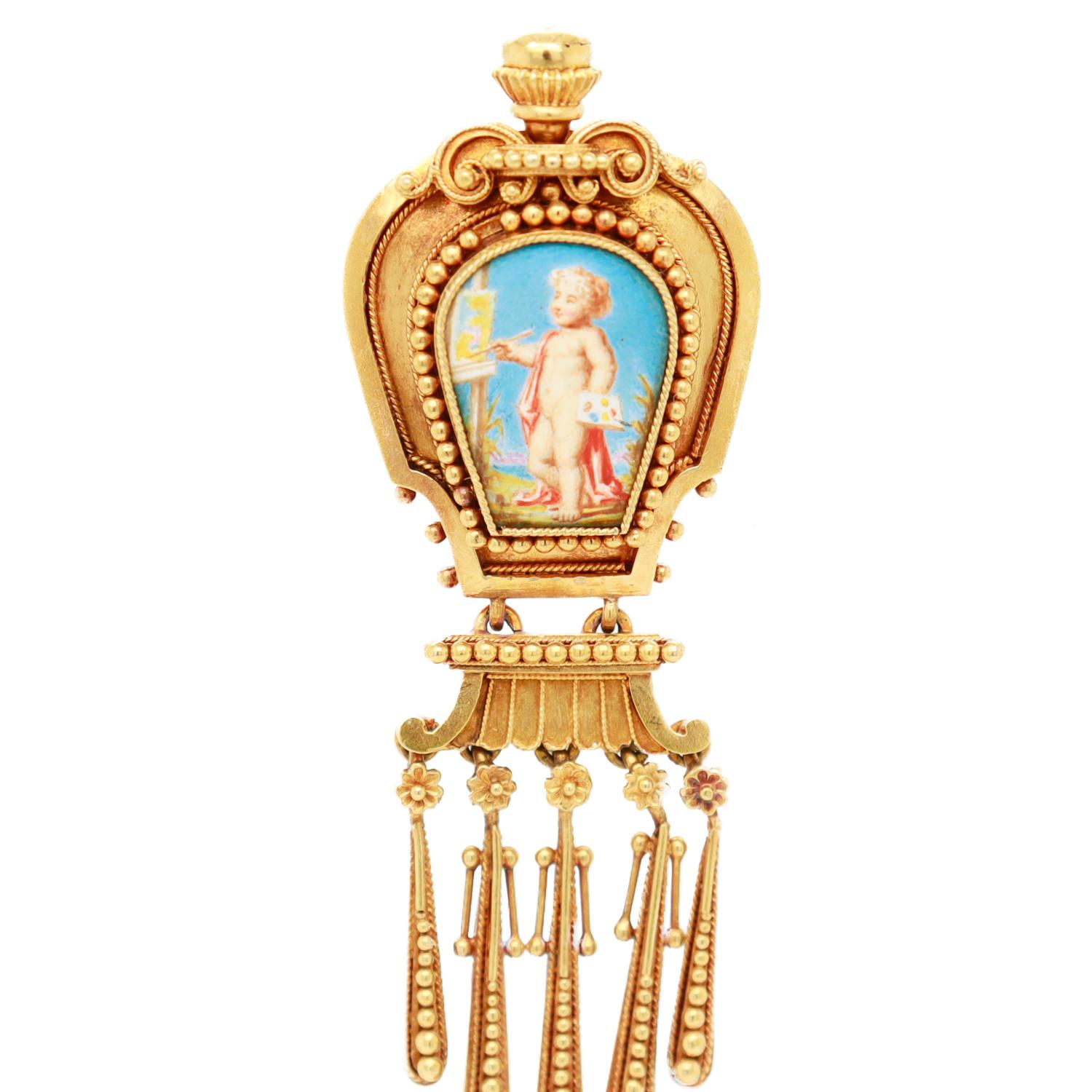 Women's Antique Etruscan High Karat Gold & Porcelain Plaque Brooch after Fontenay For Sale
