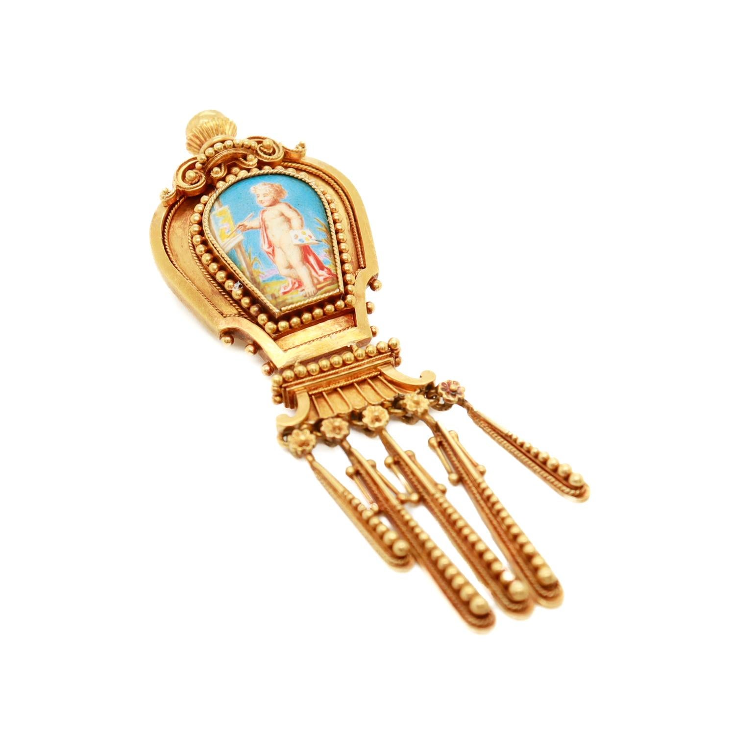 Antique Etruscan High Karat Gold & Porcelain Plaque Brooch after Fontenay For Sale 1