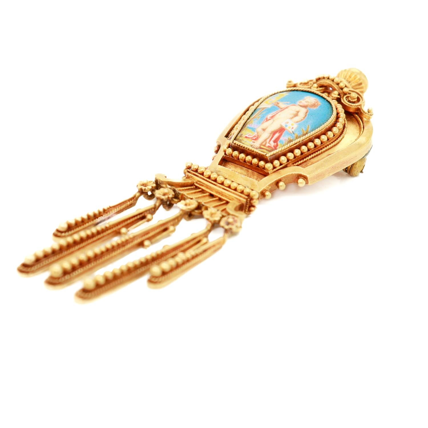 Antique Etruscan High Karat Gold & Porcelain Plaque Brooch after Fontenay For Sale 2