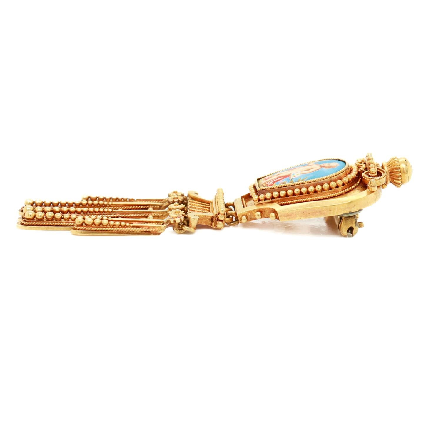 Antique Etruscan High Karat Gold & Porcelain Plaque Brooch after Fontenay For Sale 3