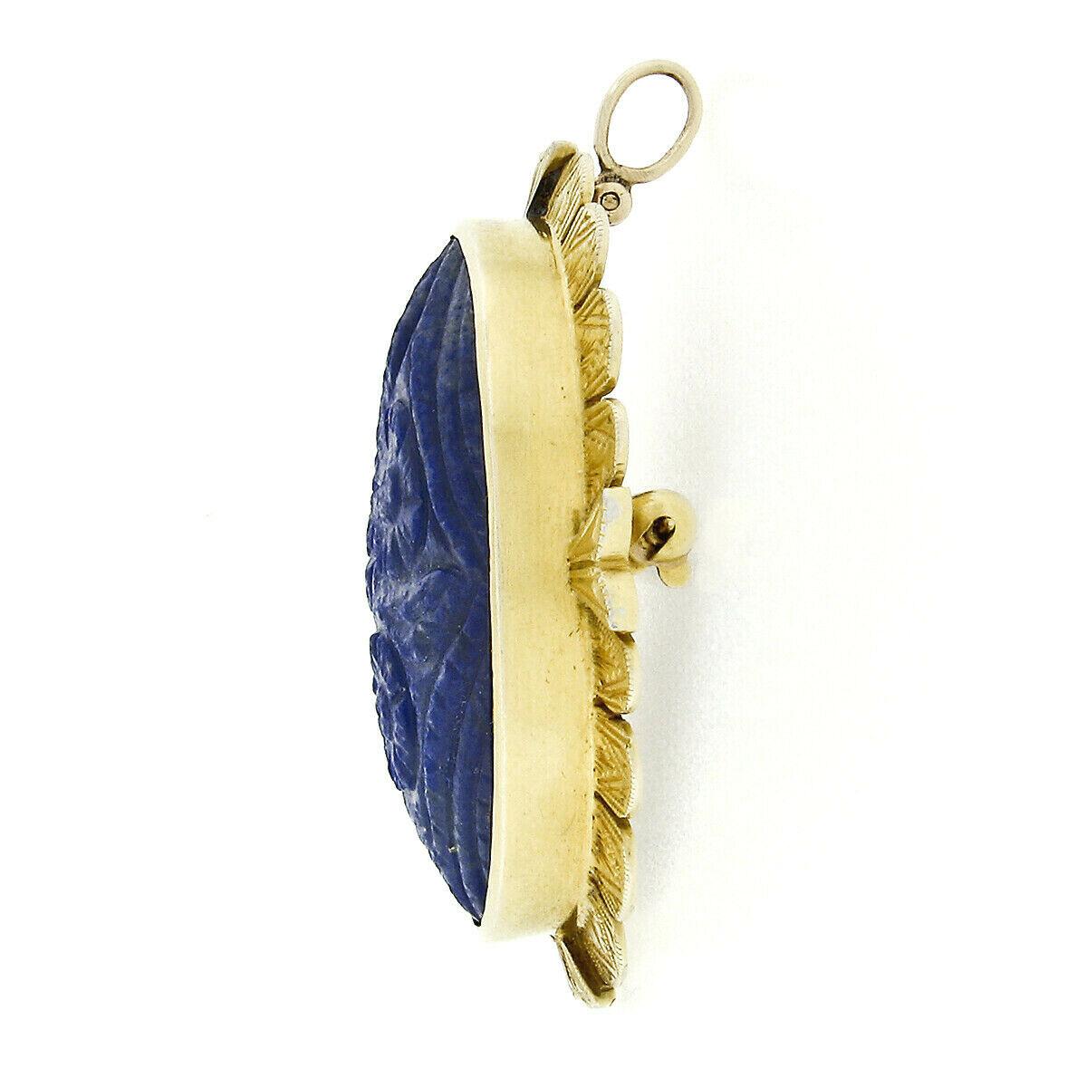 Victorian Antique Etruscan Revival 14k Gold GIA Carved Oval Blue Lapis Pendant or Brooch For Sale