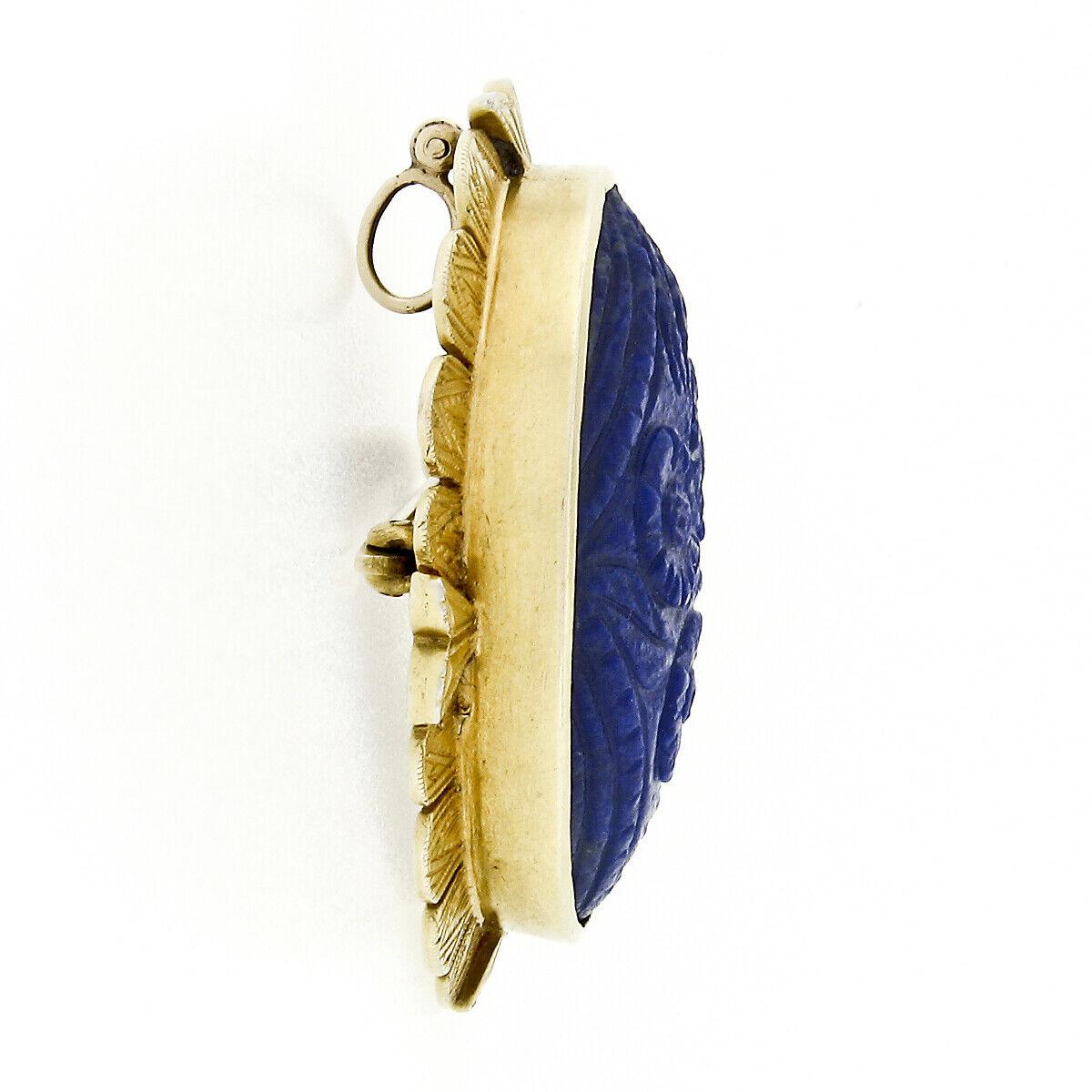 Oval Cut Antique Etruscan Revival 14k Gold GIA Carved Oval Blue Lapis Pendant or Brooch For Sale