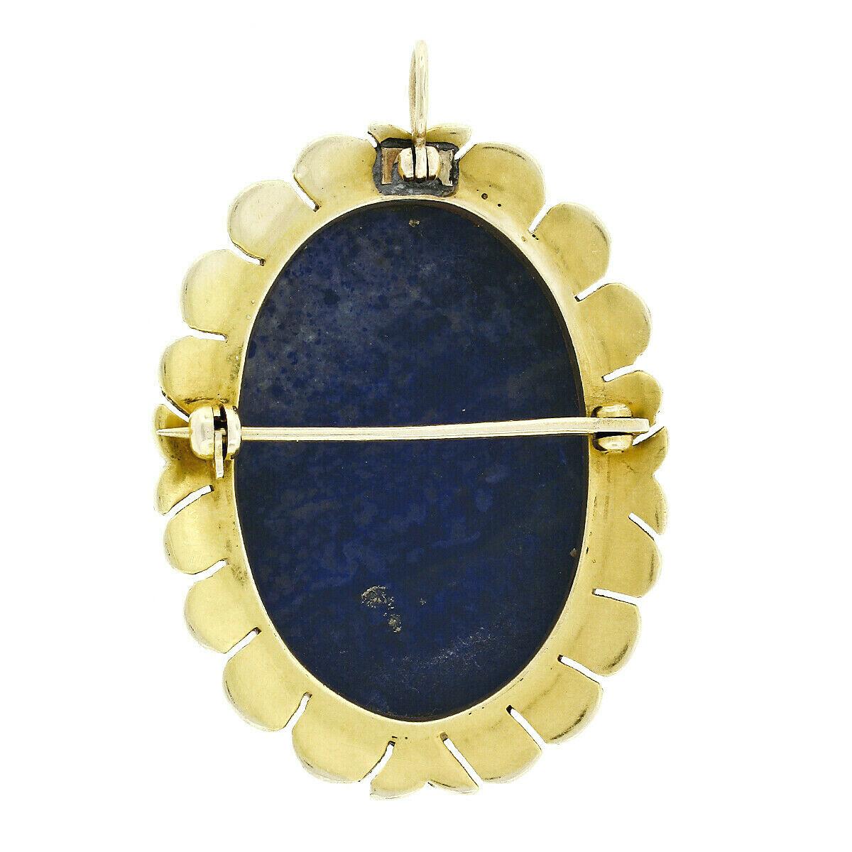 Antique Etruscan Revival 14k Gold GIA Carved Oval Blue Lapis Pendant or Brooch In Good Condition For Sale In Montclair, NJ