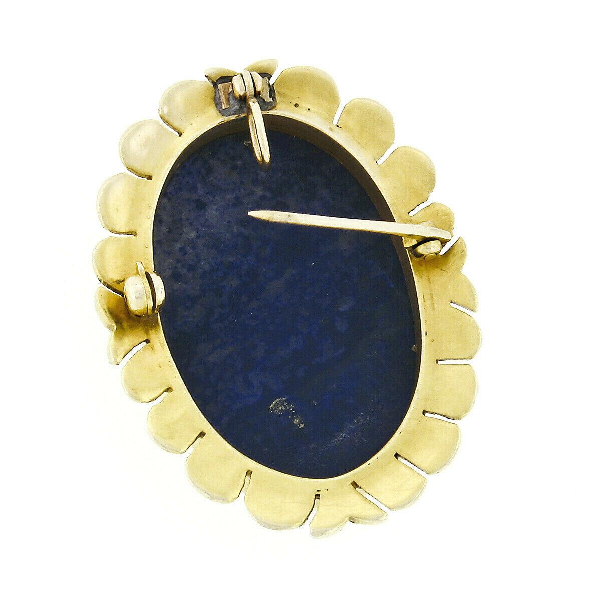 Women's or Men's Antique Etruscan Revival 14k Gold GIA Carved Oval Blue Lapis Pendant or Brooch For Sale