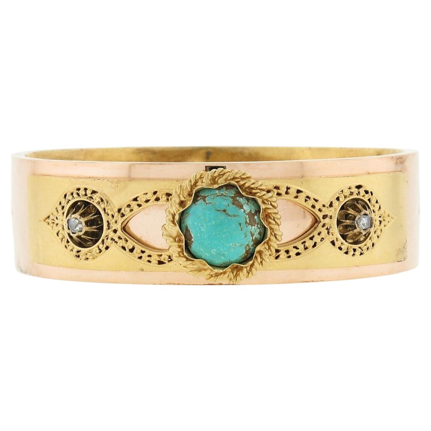 Antique Etruscan Revival 14K Gold Turquoise & Rose Cut Diamond Bangle Bracelet