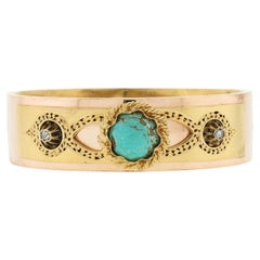 Antique Etruscan Revival 14K Gold Turquoise & Rose Cut Diamond Bangle Bracelet