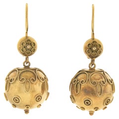 Antique Etruscan Revival 15K Gold Ball Dangle Drop Earrings w/ Twisted Wire Work
