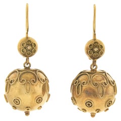 Antique Etruscan Revival 15K Gold Ball Dangle Drop Earrings w / Twisted Wire Work