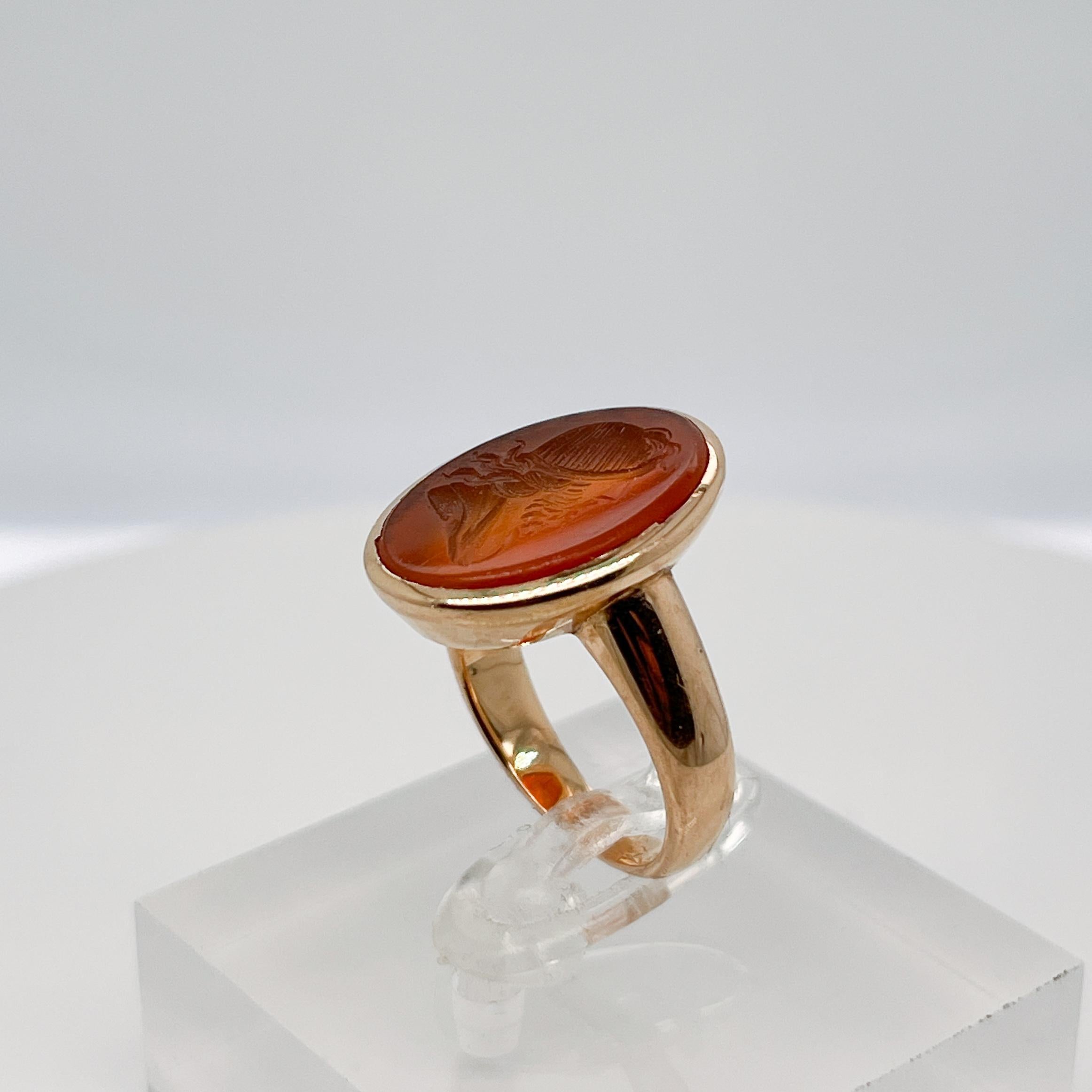 Round Cut Antique Etruscan Revival 18K Gold & Carnelian Carved Intaglio Signet Ring For Sale