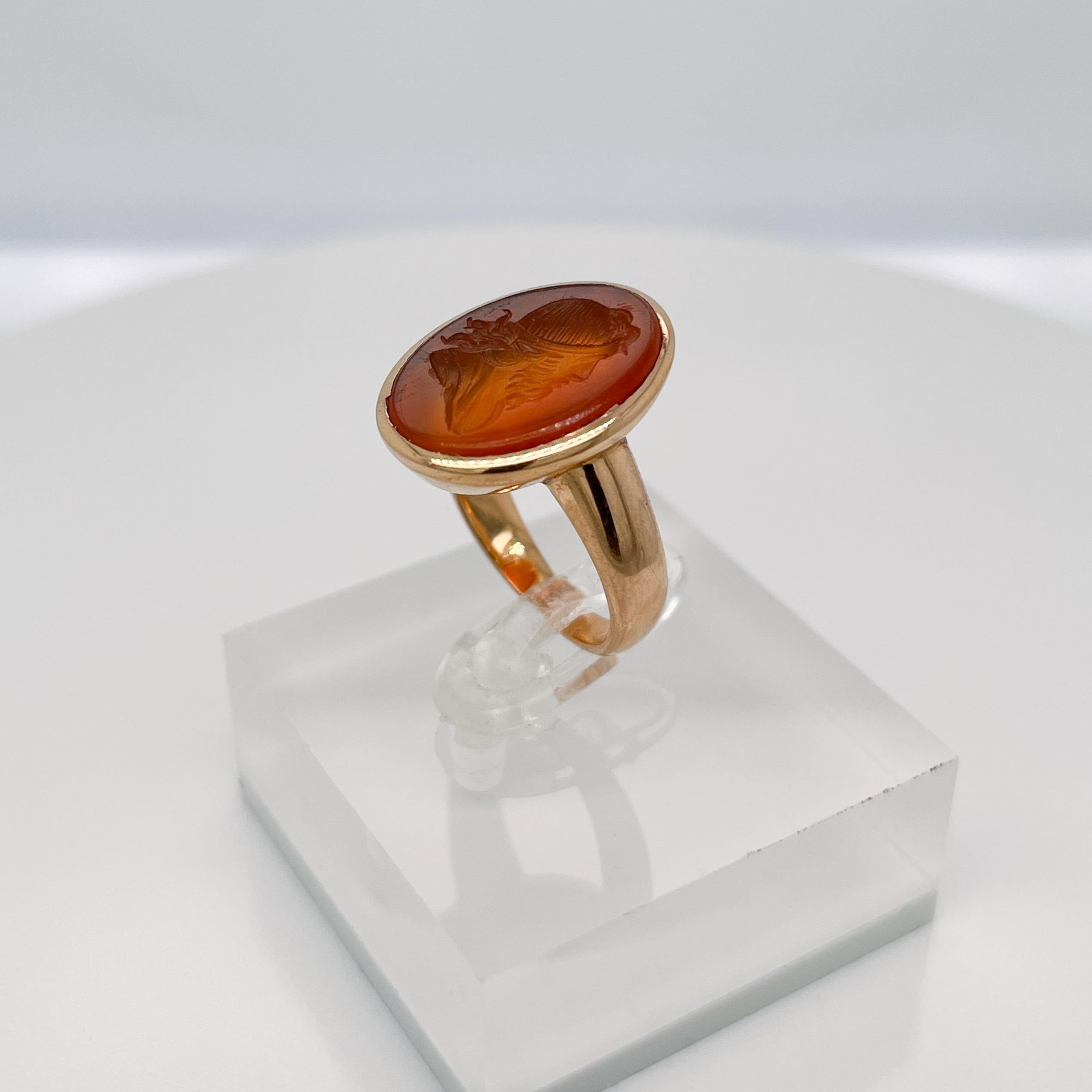 Antique Etruscan Revival 18K Gold & Carnelian Carved Intaglio Signet Ring In Good Condition For Sale In Philadelphia, PA