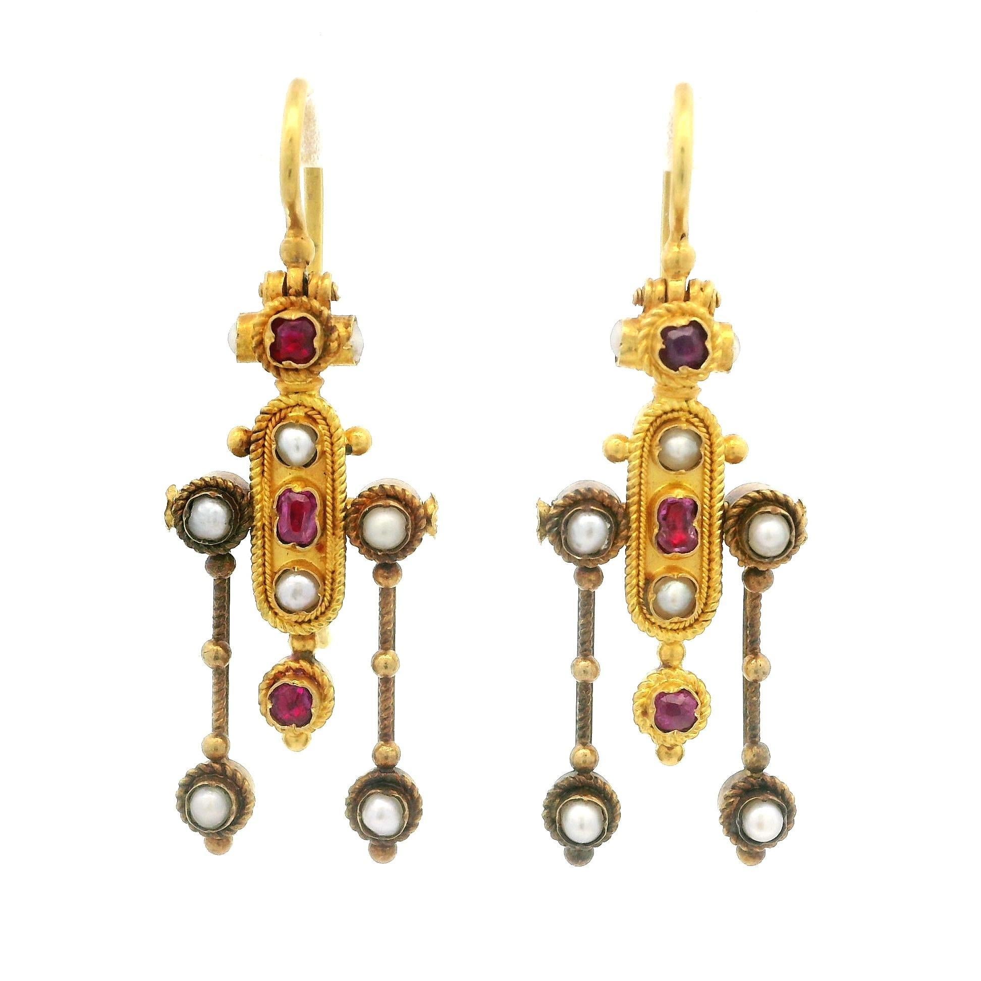 --Stone(s):--
(16) Genuine Cultured Seed Pearls - Round Shape - Grayish White Color 
(6) Natural Genuine Rubies - Old Cut - Bezel Set - Vivid Red Color - Natural Inclusions

Material: Solid 18K+ Yellow Gold 
Weight: 4.39 Grams
Backing: Wire Closures