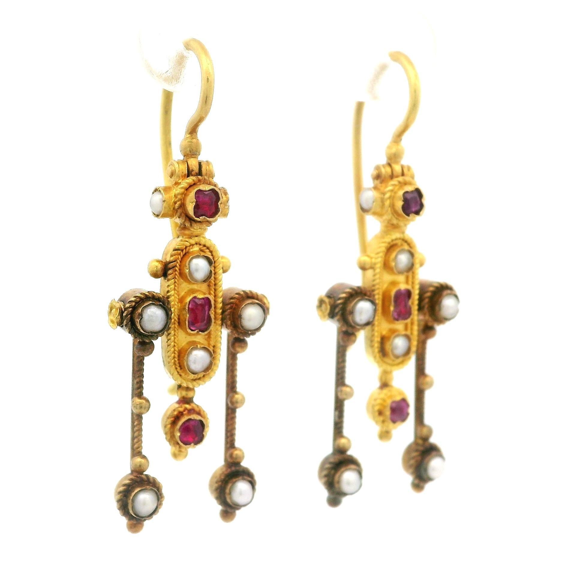 Round Cut Antique Etruscan Revival 18k Gold Ruby & Seed Pearl Detailed Dangle Earrings For Sale