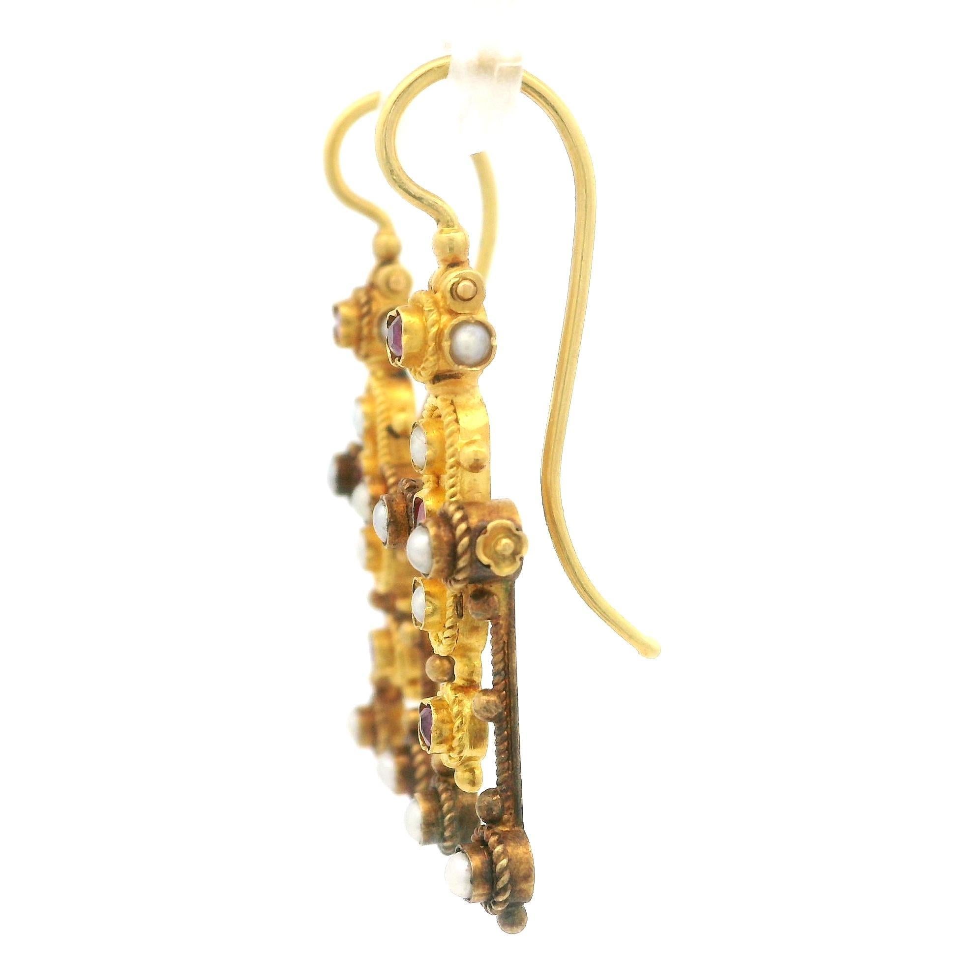 Women's Antique Etruscan Revival 18k Gold Ruby & Seed Pearl Detailed Dangle Earrings For Sale