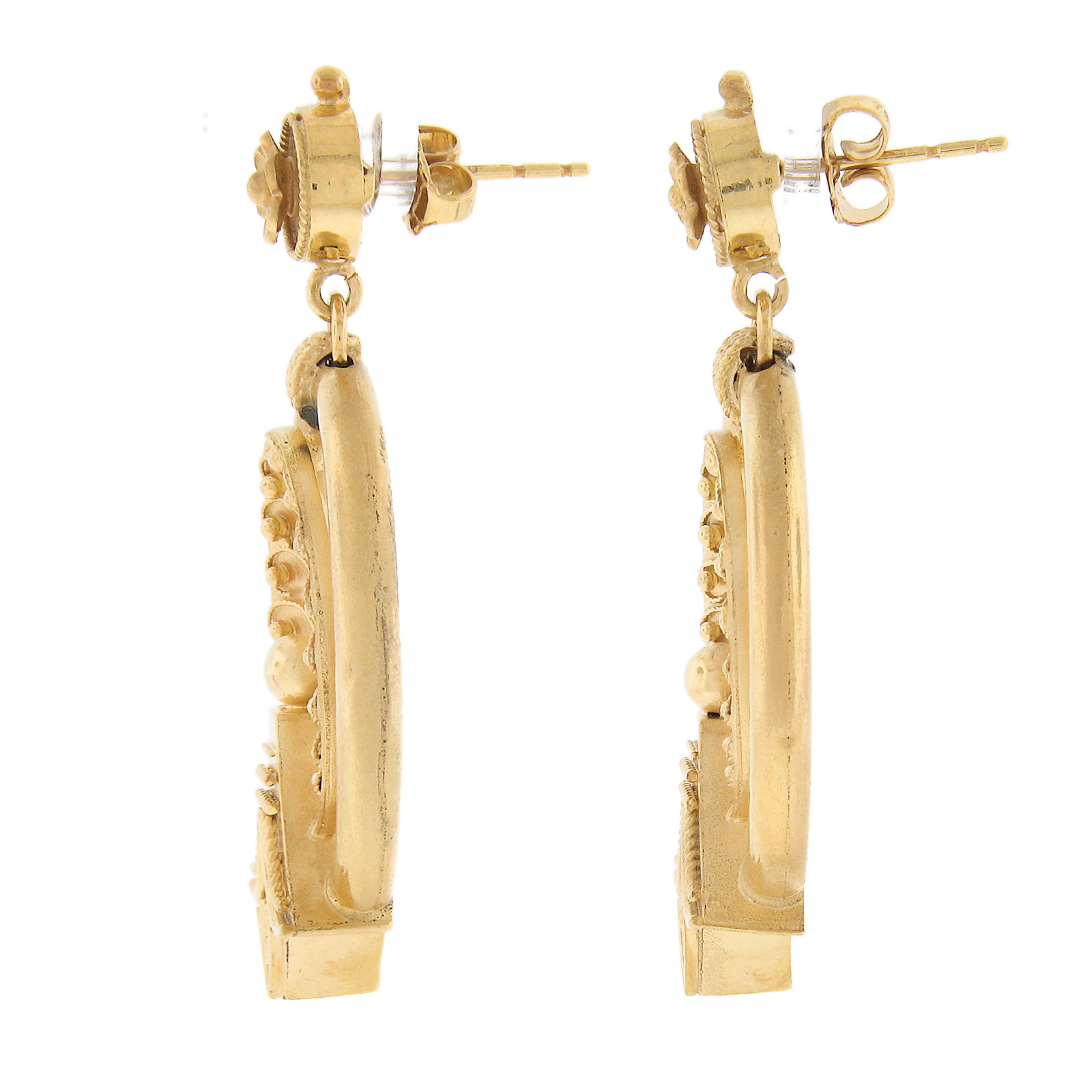 Women's Antique Etruscan Revival 18k Yellow Gold Dual Finish Floral Dangle Drop Earrings For Sale