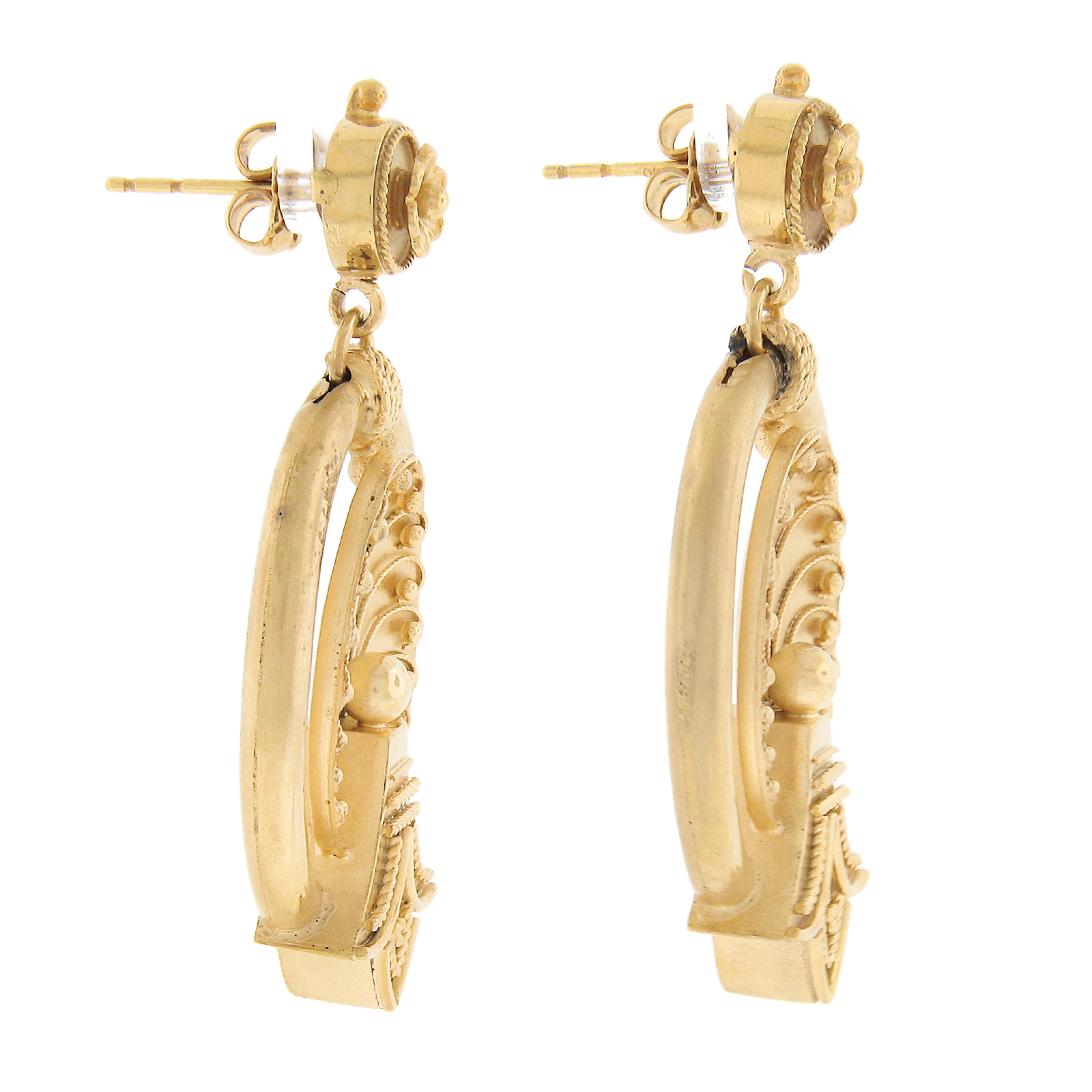 Antique Etruscan Revival 18k Yellow Gold Dual Finish Floral Dangle Drop Earrings For Sale 1