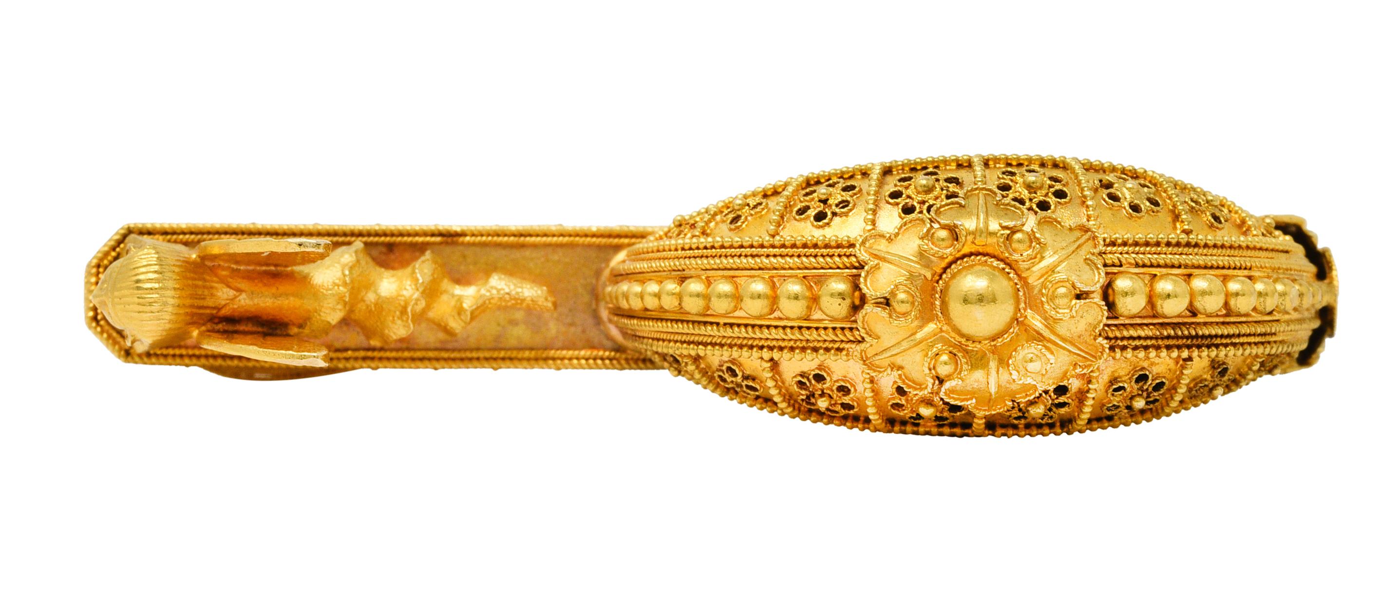 Antique Etruscan Revival 22 Karat Gold Floral Crescent Sphinx Fibula Brooch 3