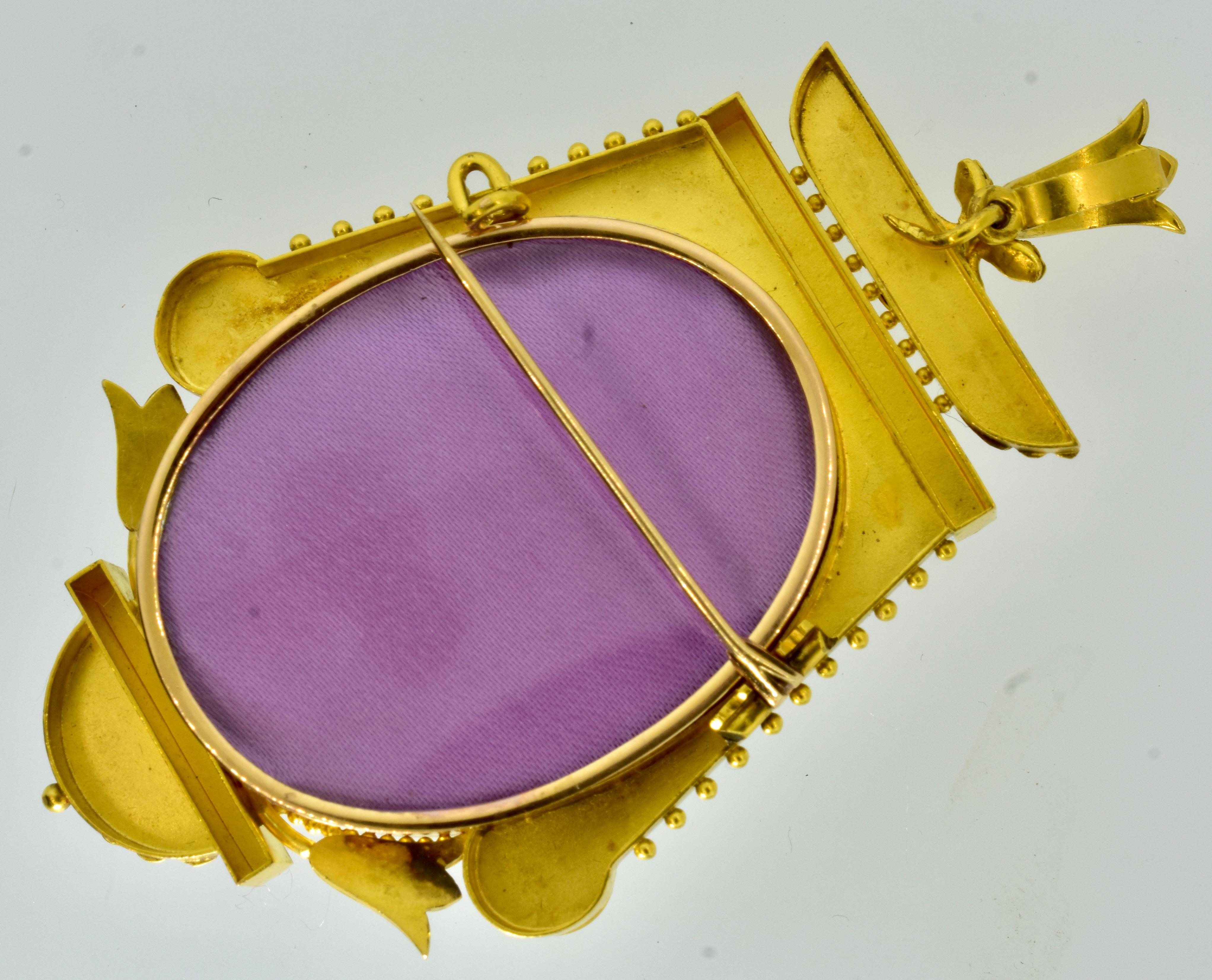 Antique Etruscan Revival Angel Skin Shell Cameo Medusa Brooch/Pendant, c. 1875 For Sale 7