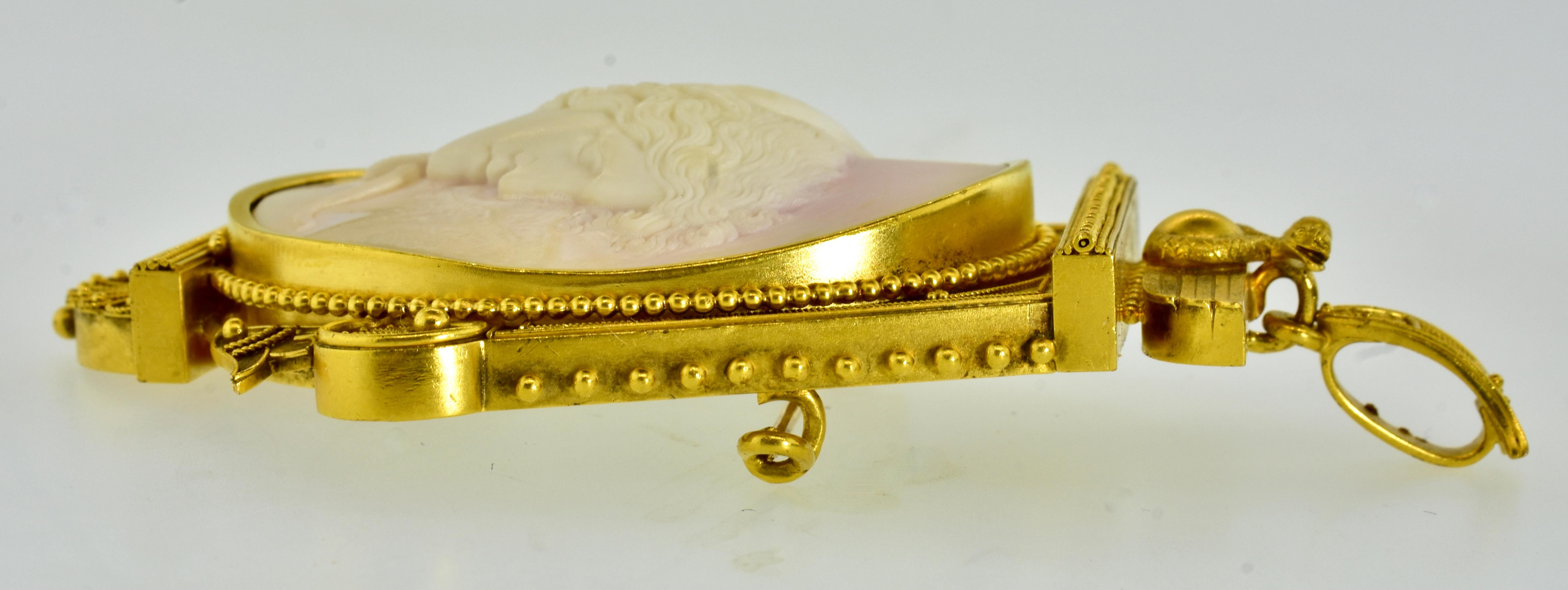 Antique Etruscan Revival Angel Skin Shell Cameo Medusa Brooch/Pendant, c. 1875 For Sale 8
