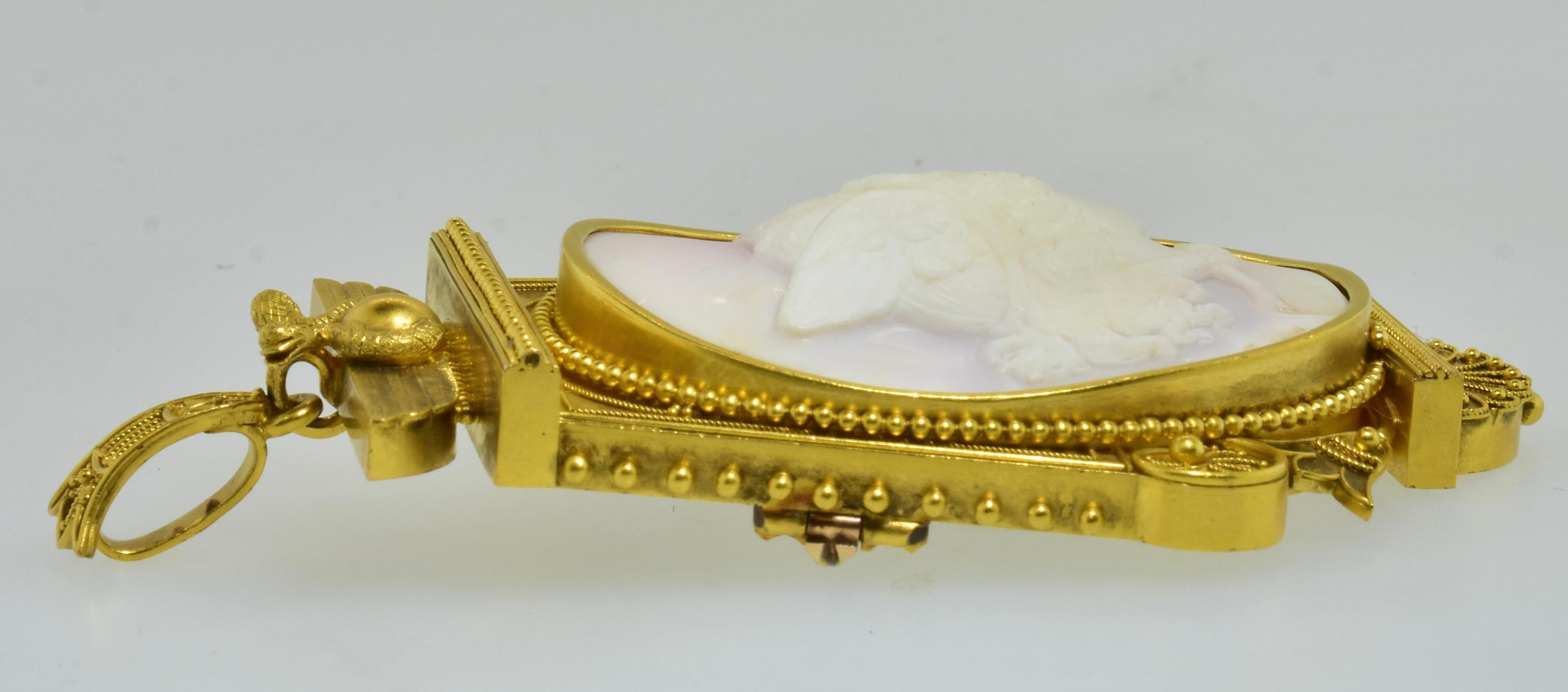 Antique Etruscan Revival Angel Skin Shell Cameo Medusa Brooch/Pendant, c. 1875 For Sale 10