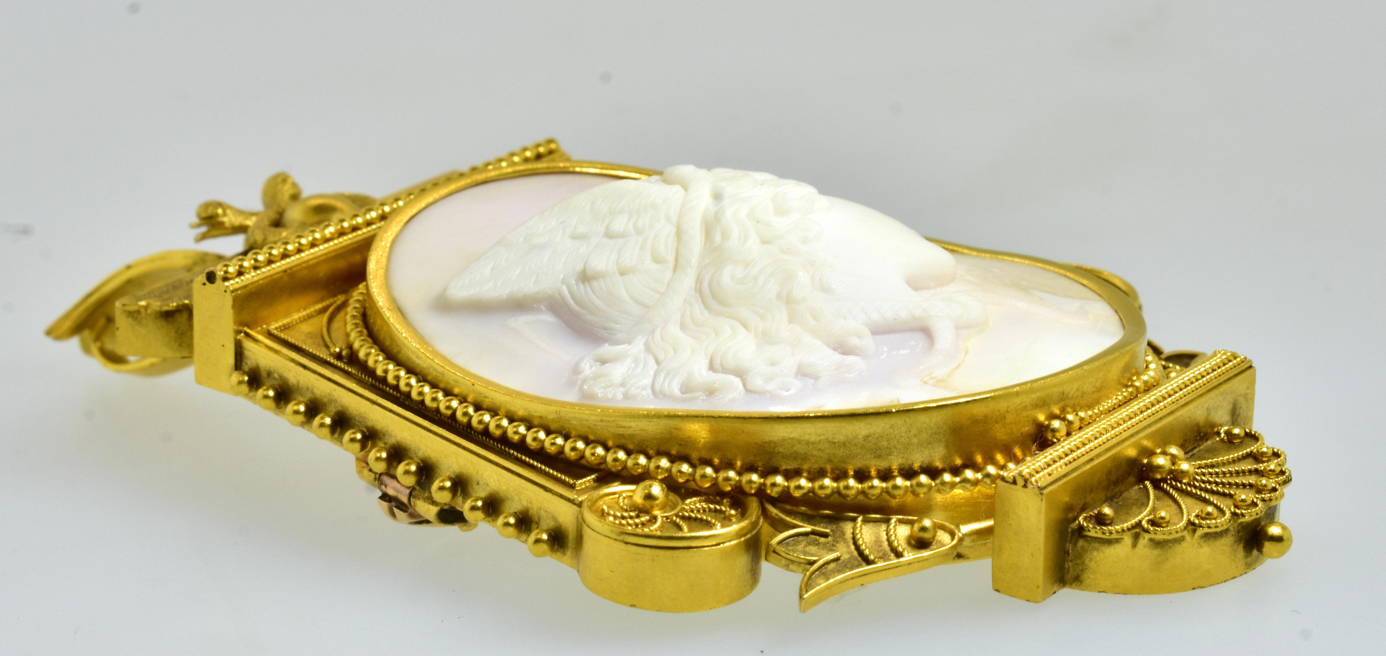 Antique Etruscan Revival Angel Skin Shell Cameo Medusa Brooch/Pendant, c. 1875 For Sale 11