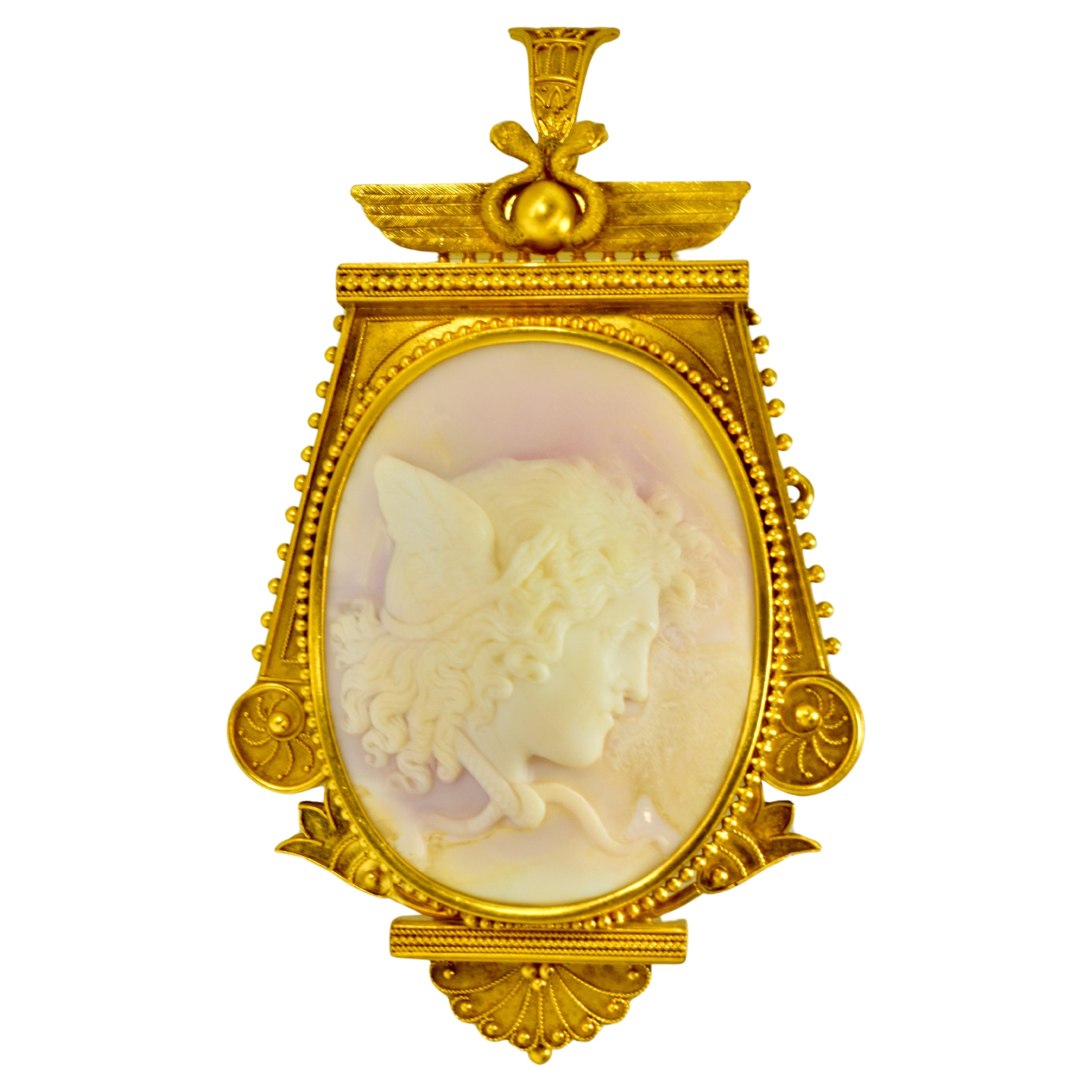 Antique Etruscan Revival Angel Skin Shell Cameo Medusa Brooch/Pendant, c. 1875 In Excellent Condition For Sale In Aspen, CO