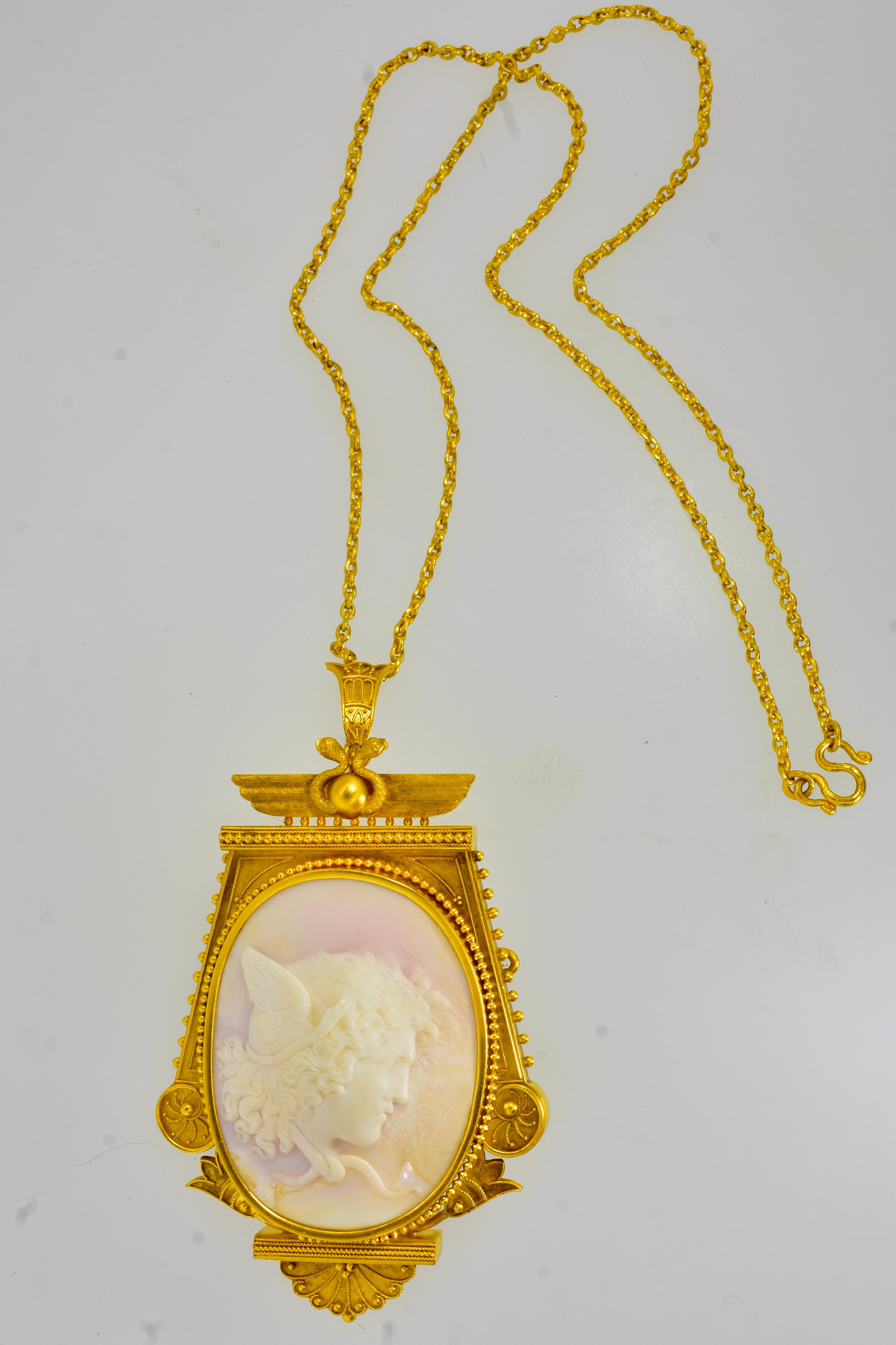 Women's or Men's Antique Etruscan Revival Angel Skin Shell Cameo Medusa Brooch/Pendant, c. 1875 For Sale