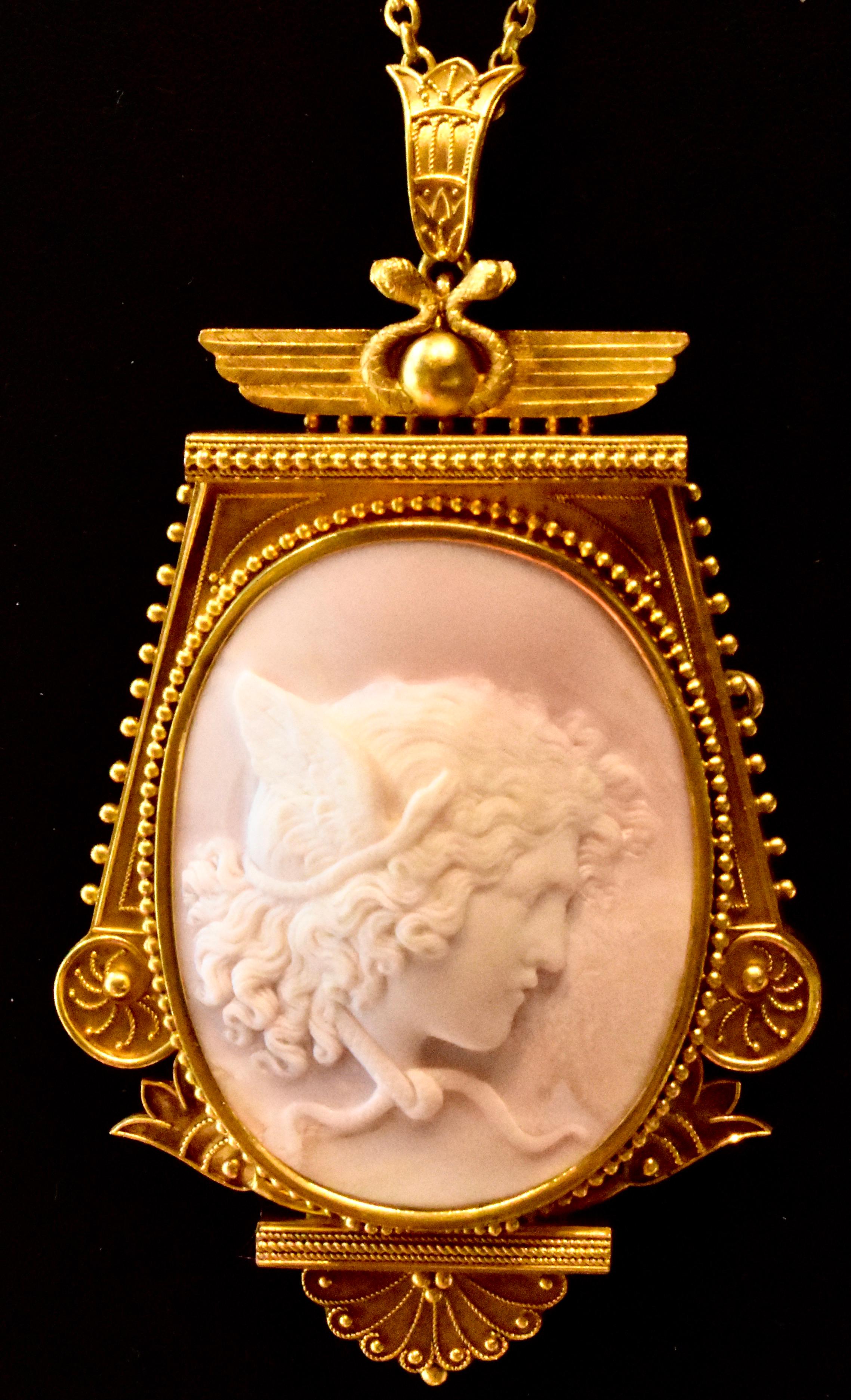 Antique Etruscan Revival Angel Skin Shell Cameo Medusa Brooch/Pendant, c. 1875 For Sale 2