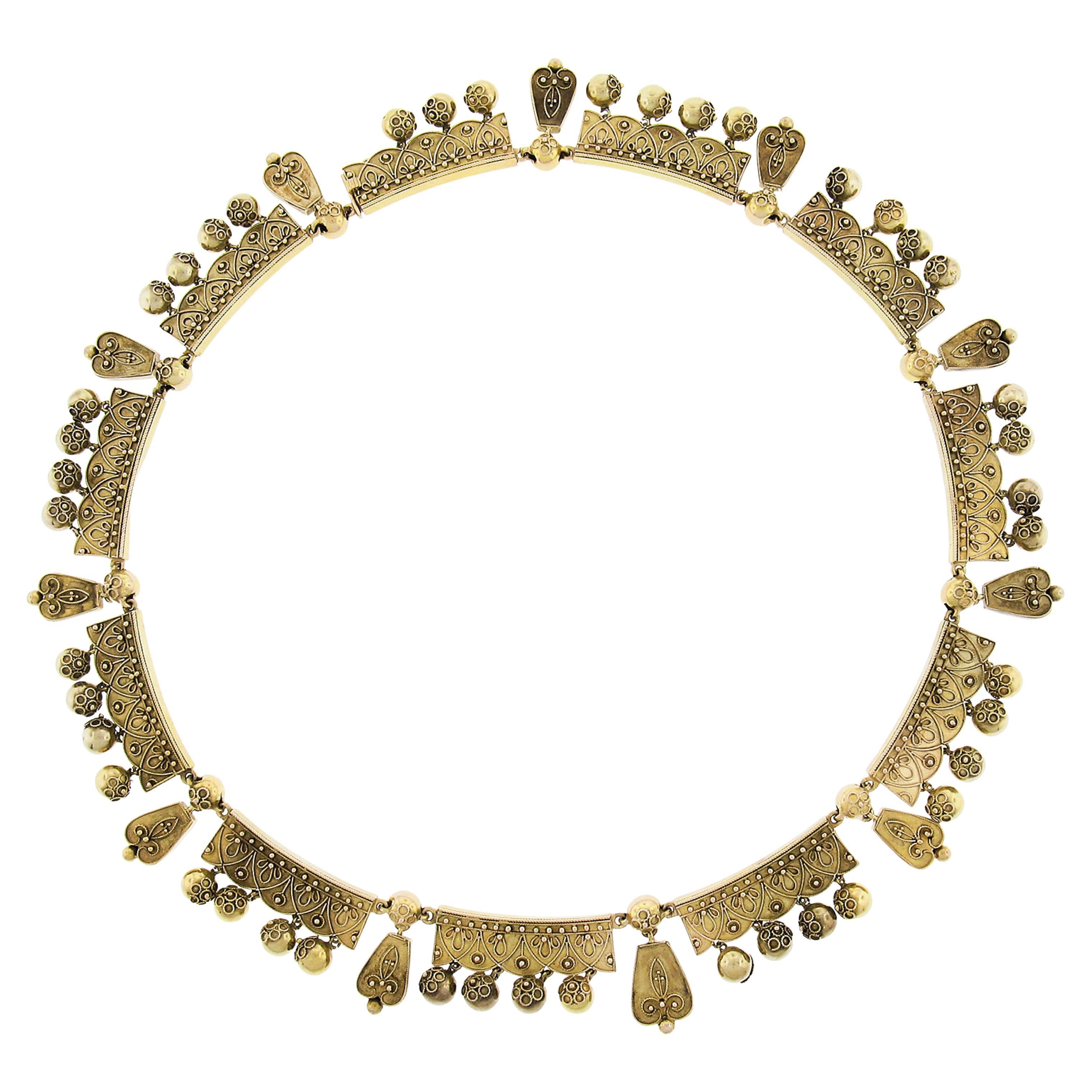 Antike etruskische Revival Cannetille 18k Gelbgold Kette Halskette Drehschnalle